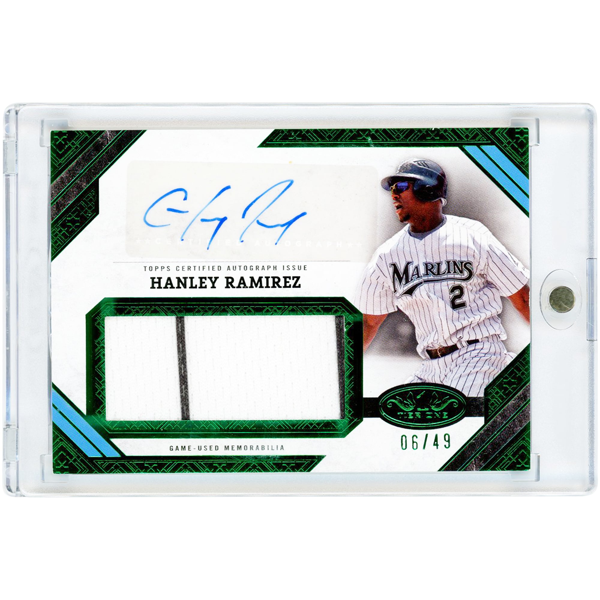 Carte autographiée Hanley Ramirez des Marlins de Floride, collection Topps Tier One Jumbo 2025, maillot bicolore vert relique porté en match, #AJR-HR #6/49