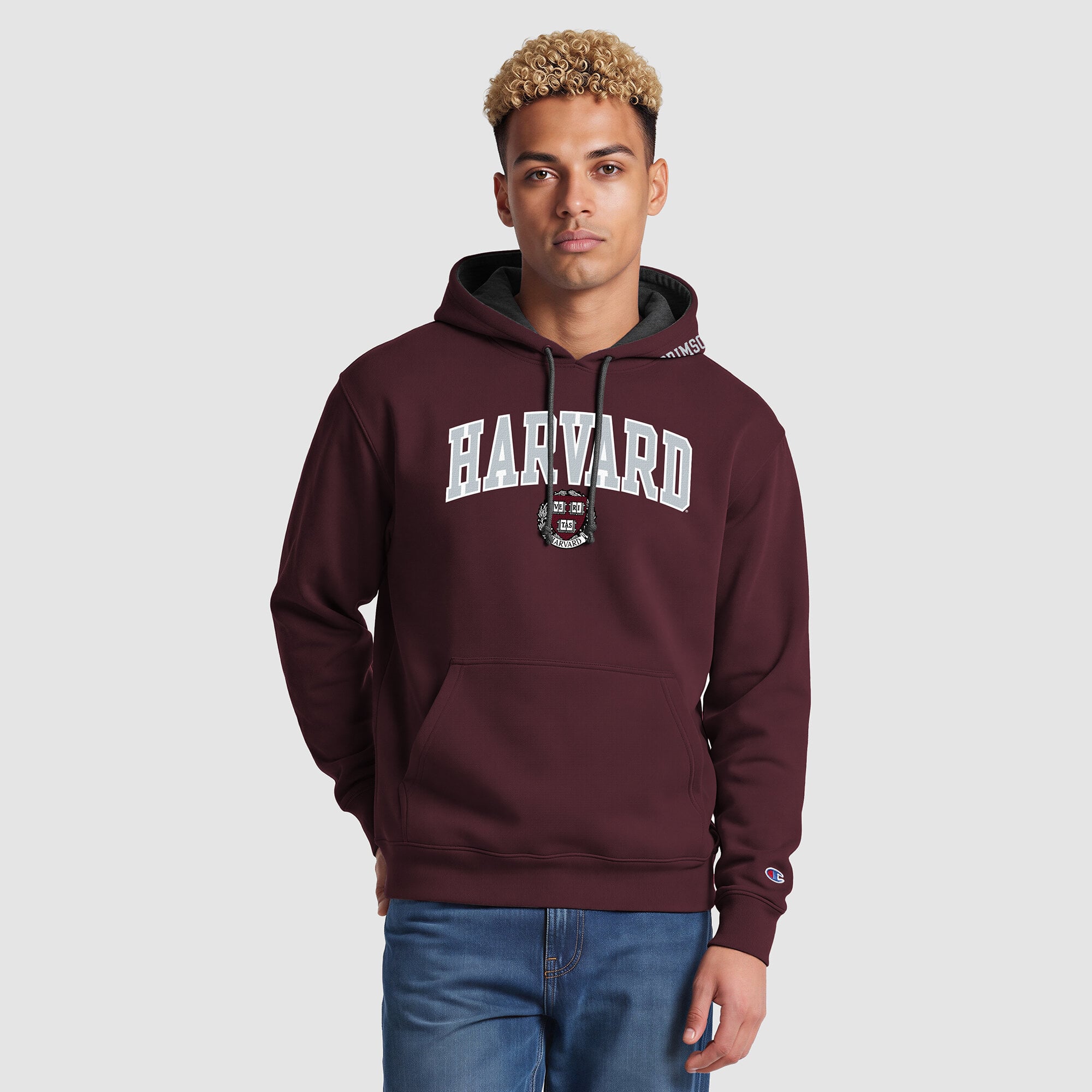 Sweat à capuche contrastant Champion pour homme, couleur cramoisi/gris chiné Harvard Crimson