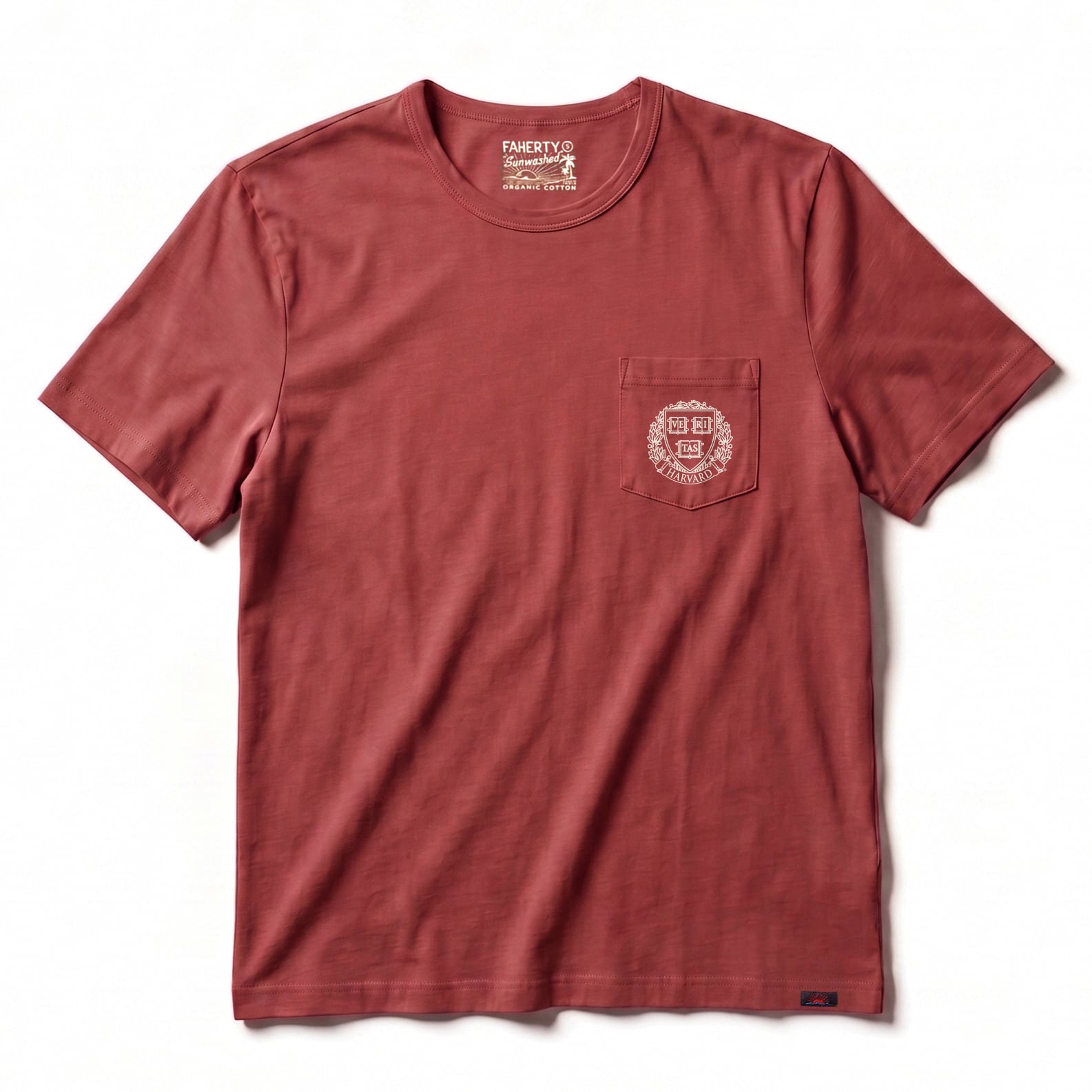 T-shirt à poche FAHERTY pour homme, couleur rouge Harvard, délavé au soleil
