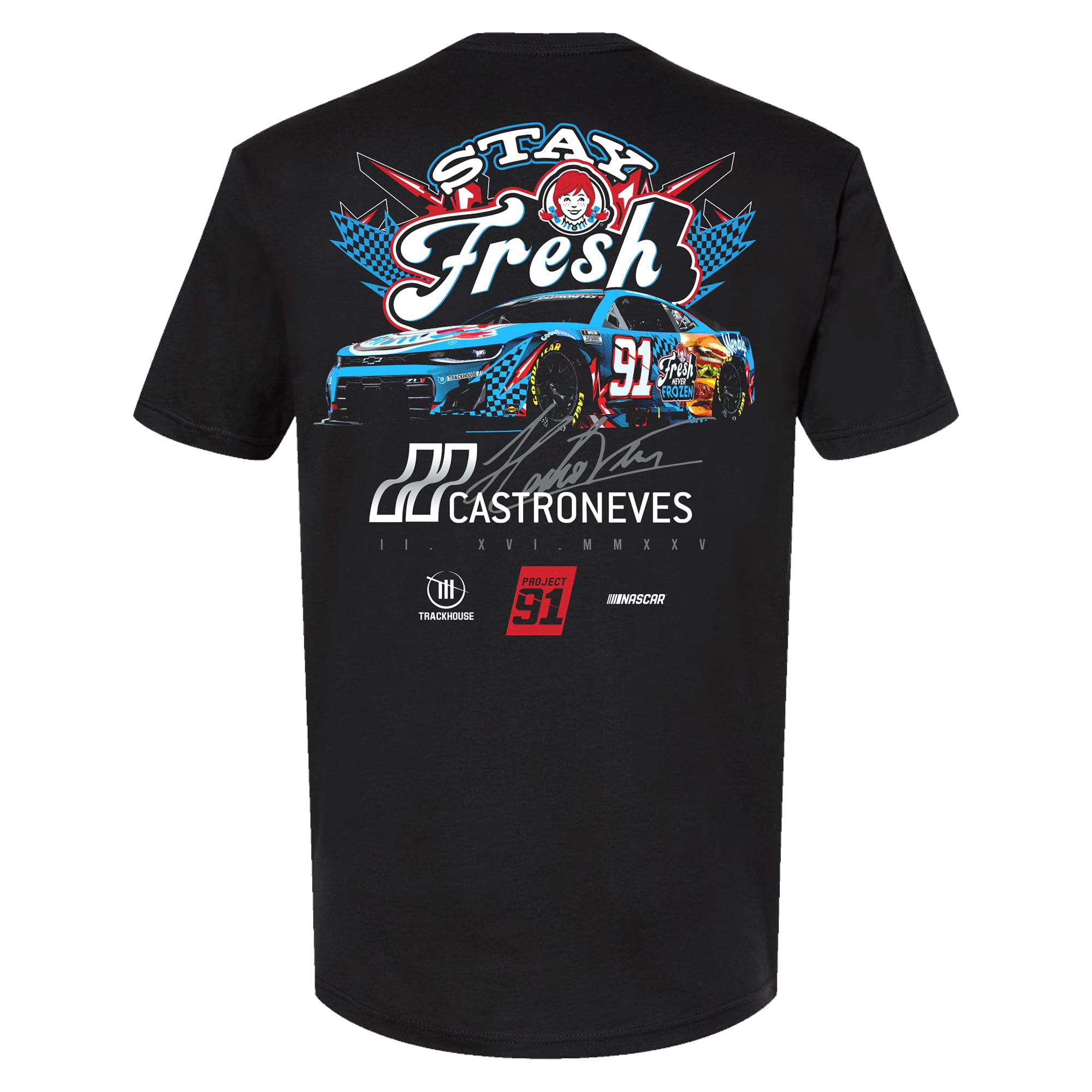 Men's Trackhouse Racing Team Collection Black Helio Castroneves Wendy's Stay Fresh T-Shirt