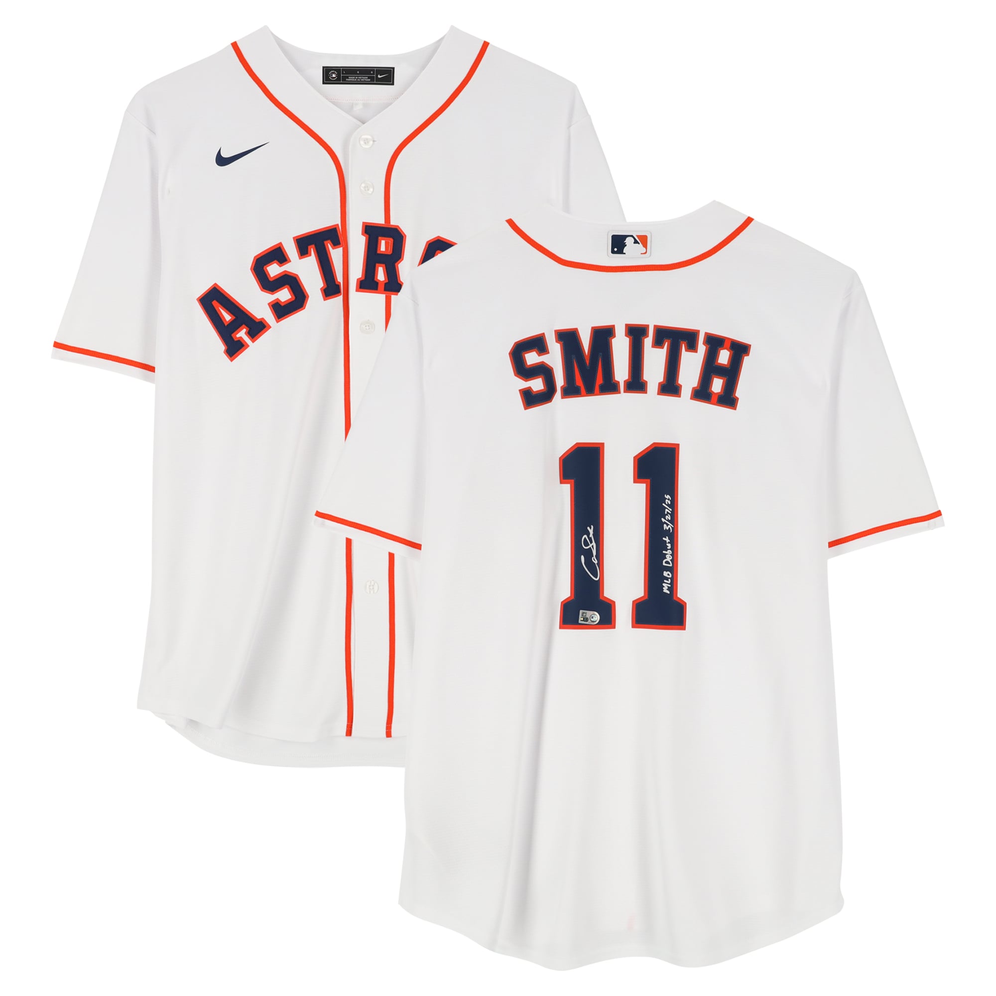 Cam Smith Houston Astros Autographed White Nike Replica Jersey with "MLB Debut 3/27/25" Inscription