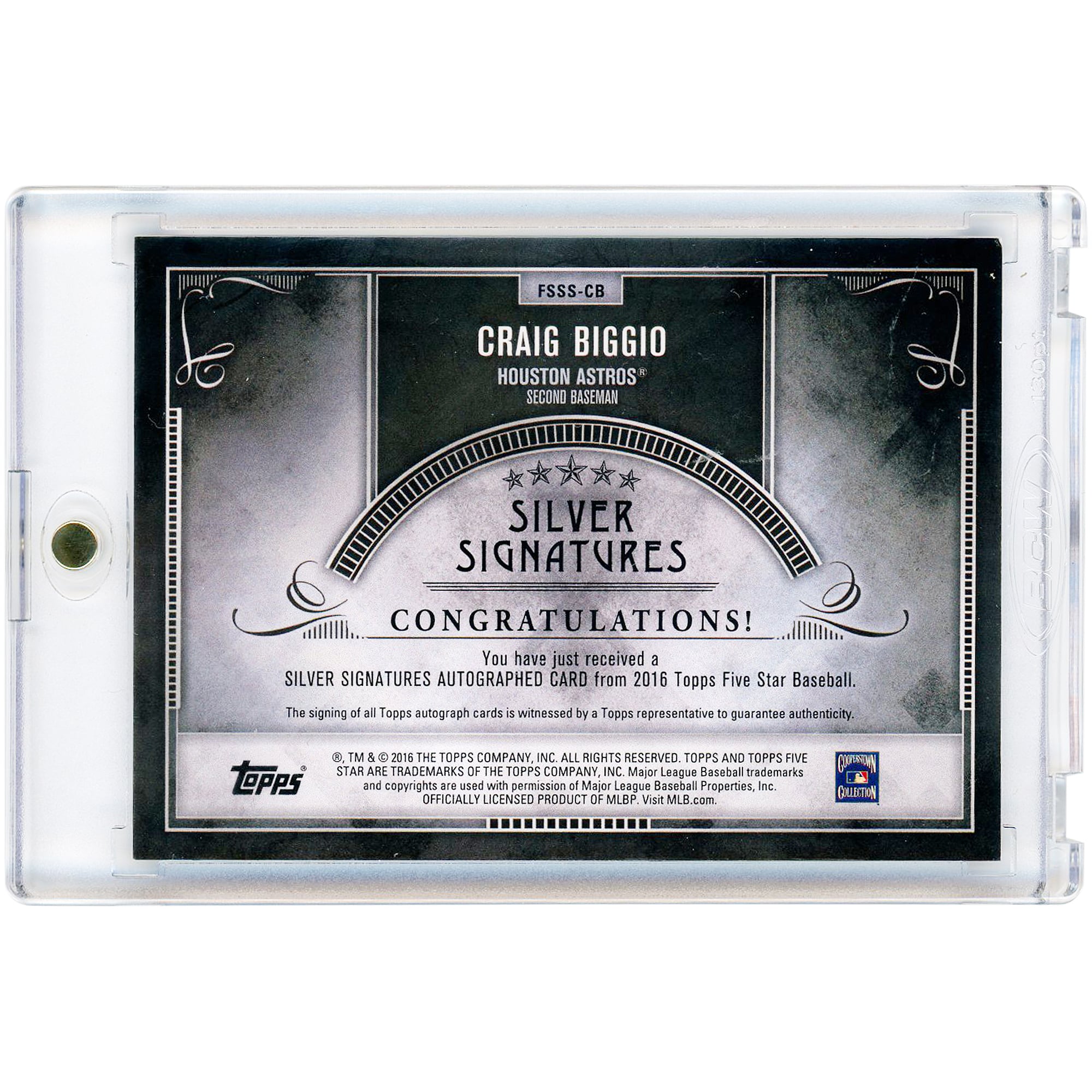 Carte autographiée Craig Biggio des Astros de Houston, collection Topps Five Star Silver Ink 2016, n° FSSS-CB, n° 10/20
