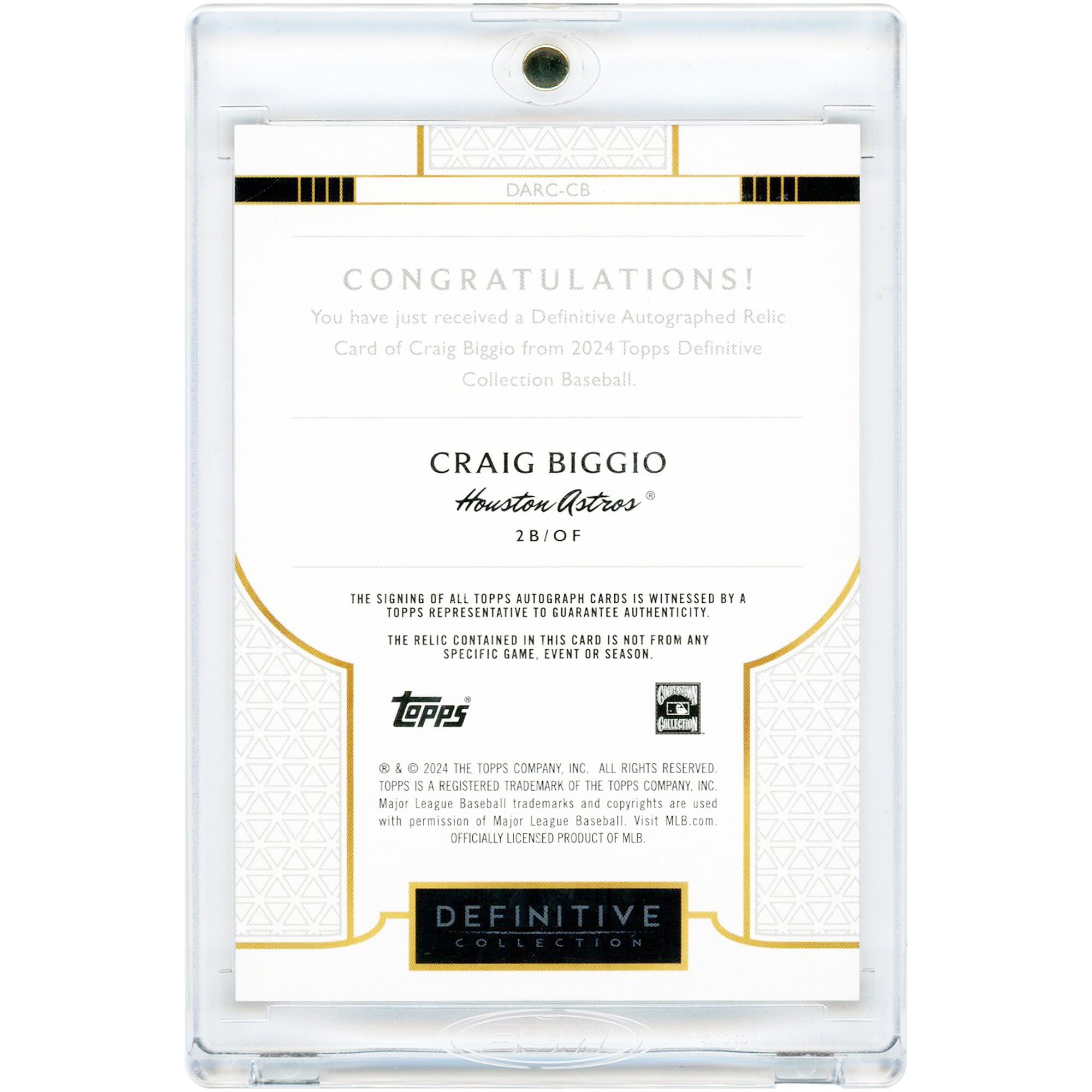 Carte autographiée Craig Biggio des Astros de Houston, collection Topps Definitive 2024, relique de maillot orange porté en match #DARC-CB #6/15