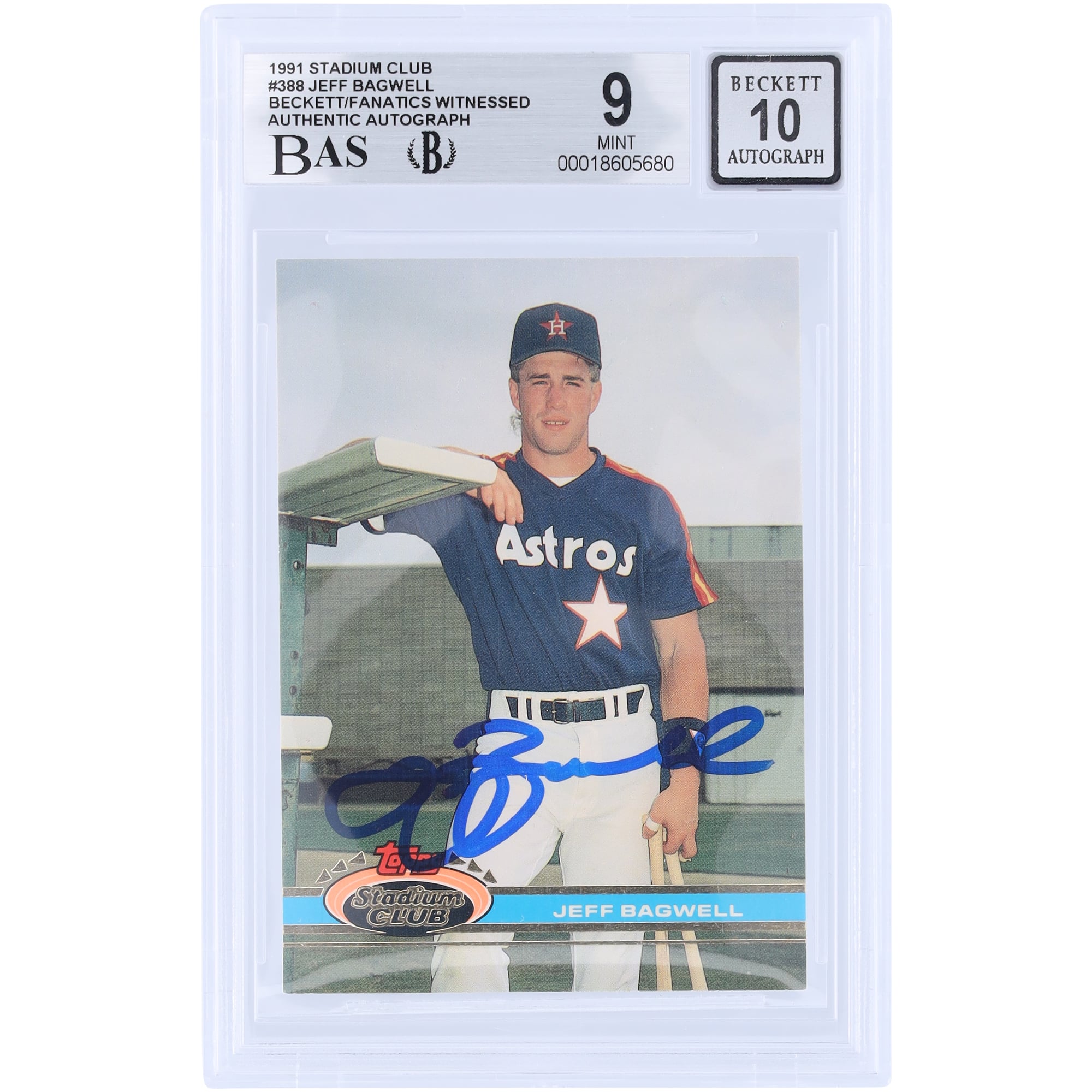 Jeff Bagwell Houston Astros Autographed 1991 Topps Stadium Club #388 Beckett Fanatics Witnessed Authenticated 9/10 Rookie Card