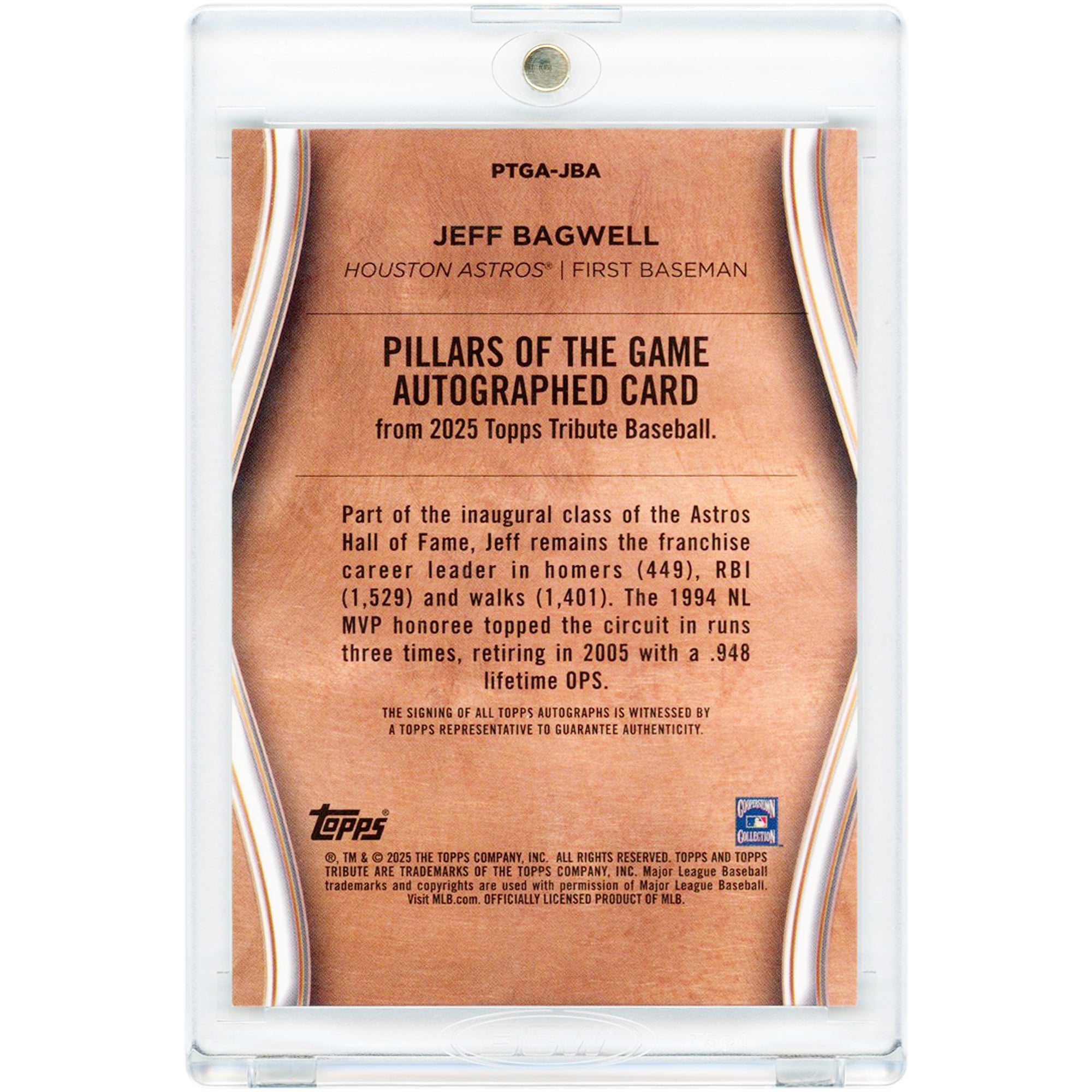Carte autographiée de Jeff Bagwell (Houston Astros) - Collection Topps Tribute Pillars Of The Game Gold 2025 #PTGA-JBA #17/75