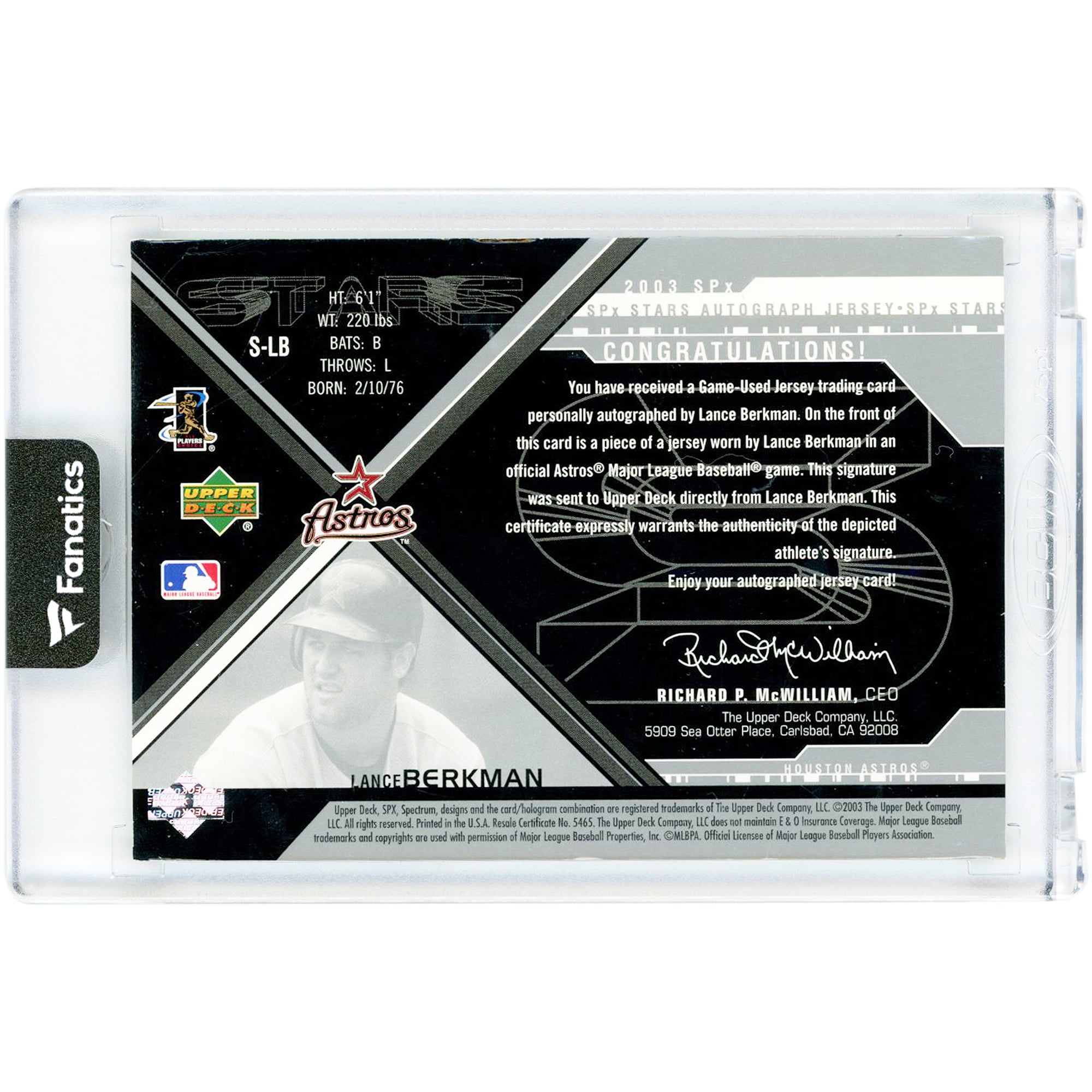 Lance Berkman Houston Astros Autographed 2003 Upper Deck SPx SPx Star Game Used Jersey Relic #S-LB #133/500 Card