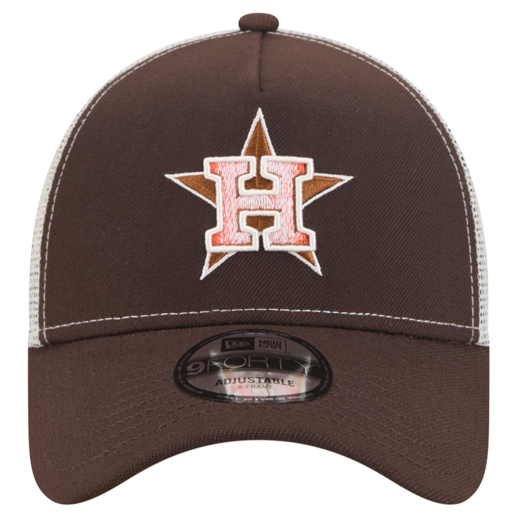 Men's New Era Brown Houston Astros Pumpkin Spice A-Frame 9FORTY Adjustable Trucker Hat