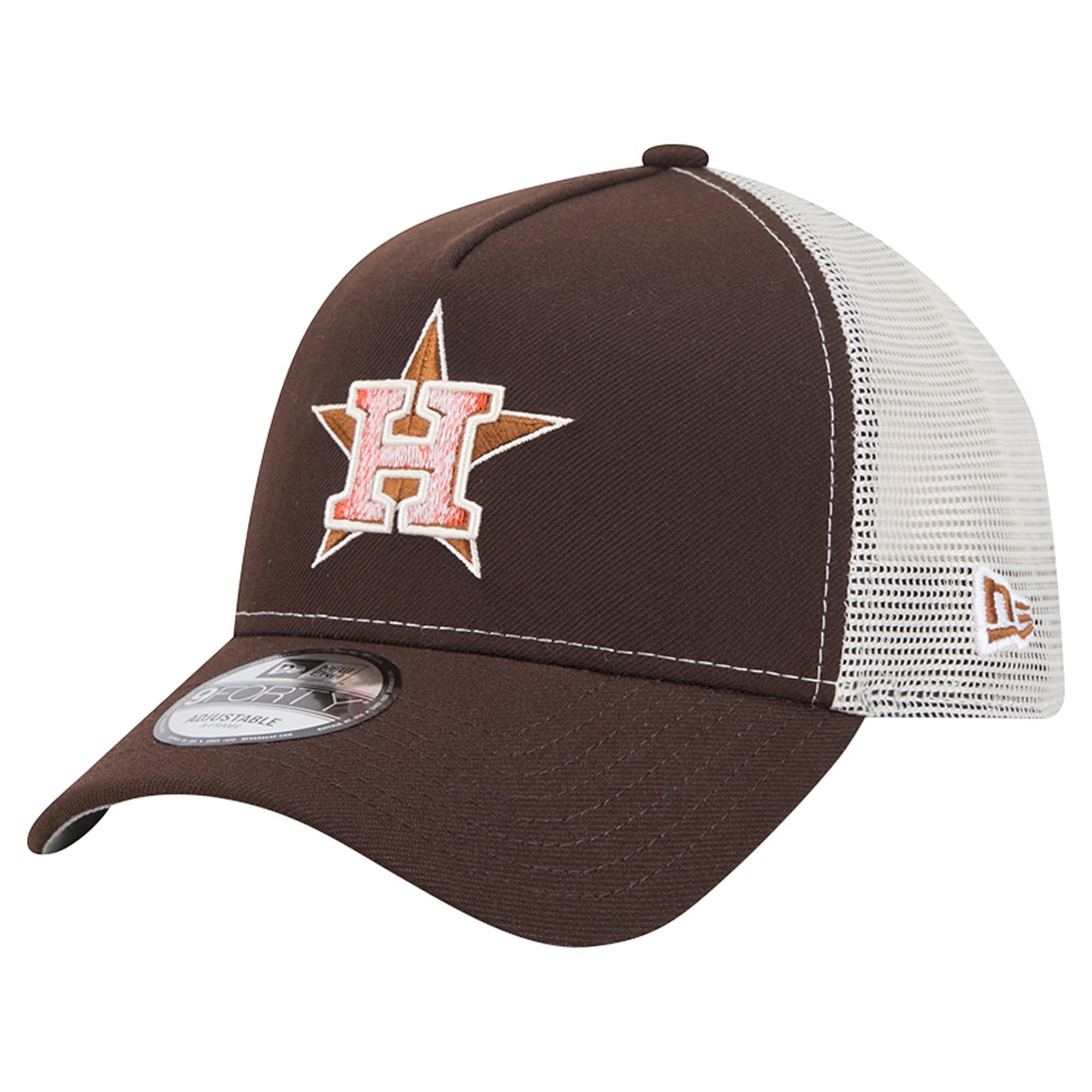 Men's New Era Brown Houston Astros Pumpkin Spice A-Frame 9FORTY Adjustable Trucker Hat