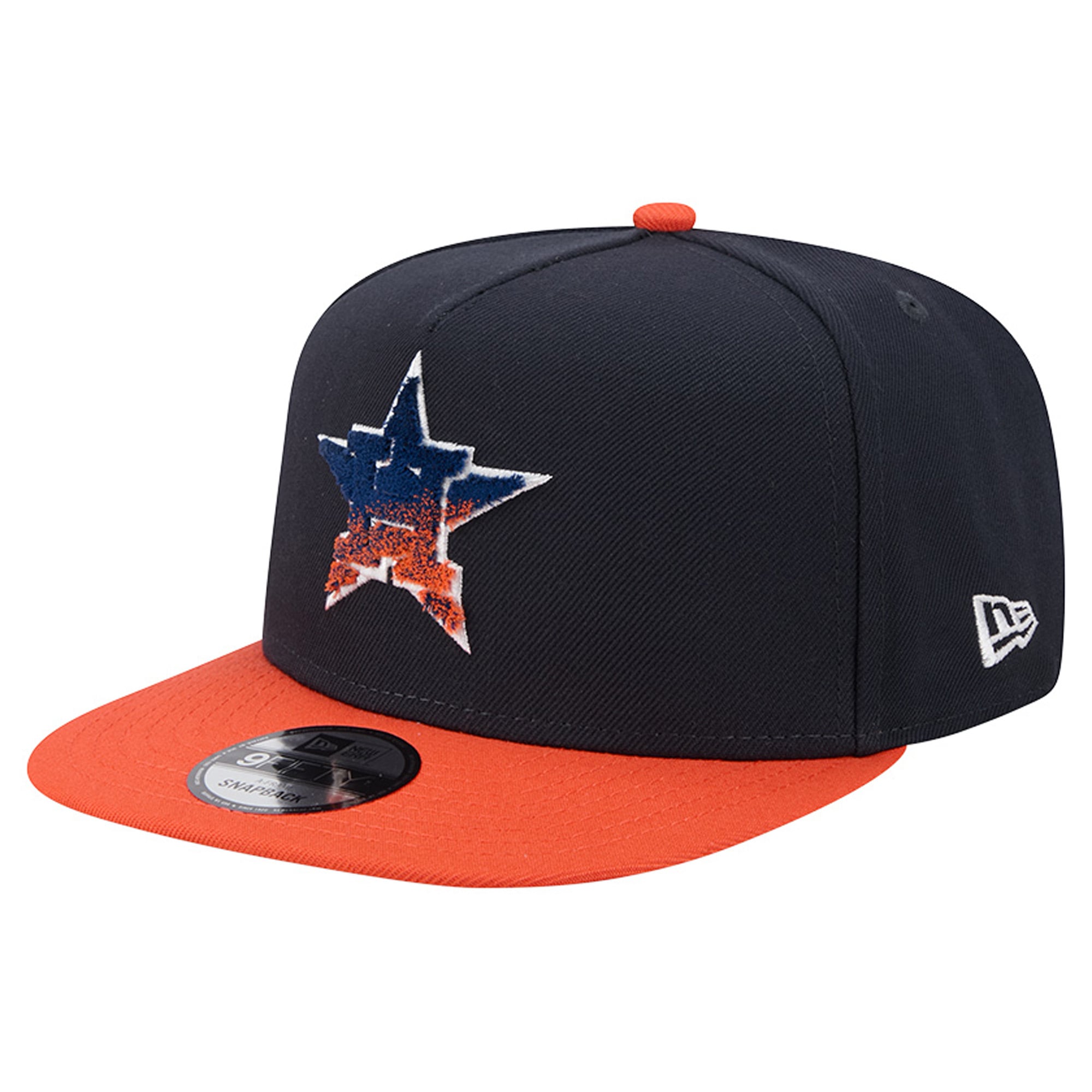 Casquette snapback New Era 9FIFTY pour homme, bleu marine/orange, Houston Astros, en chenille dégradée, style A-Frame.
