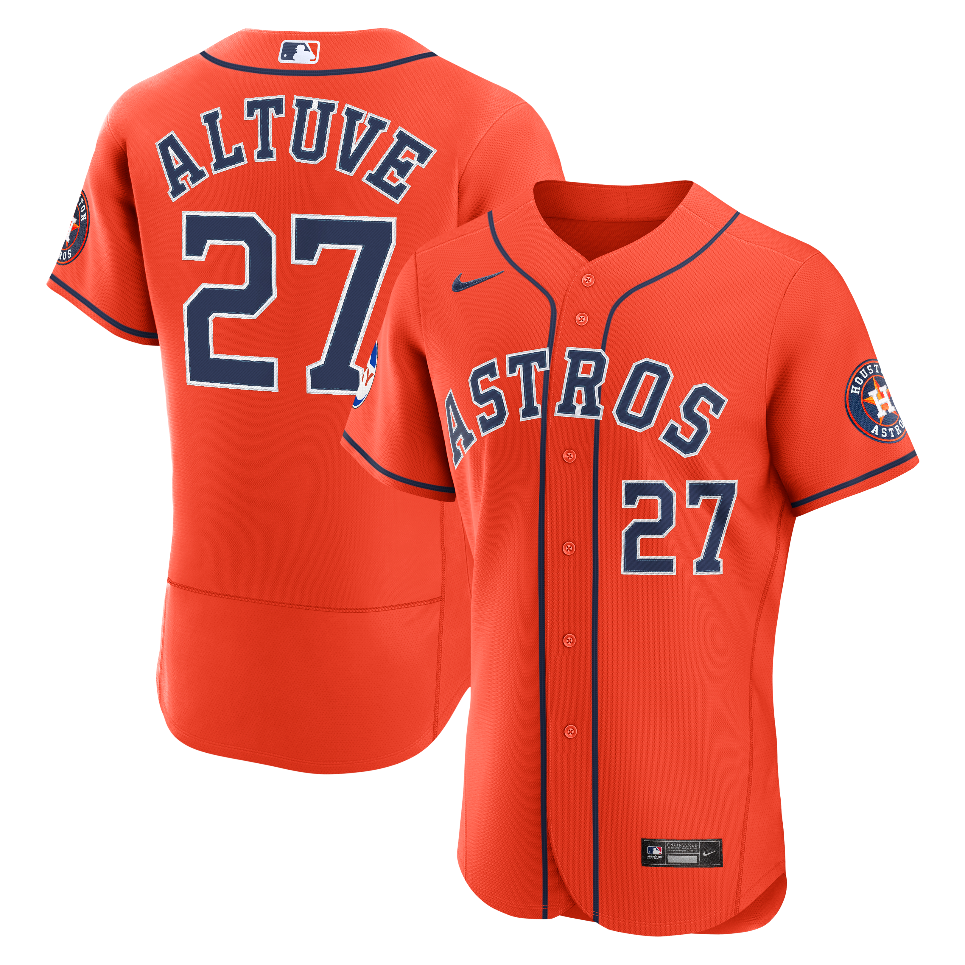 Maillot authentique alternatif Nike Jose Altuve orange des Houston Astros pour homme, avec patch de sponsor.