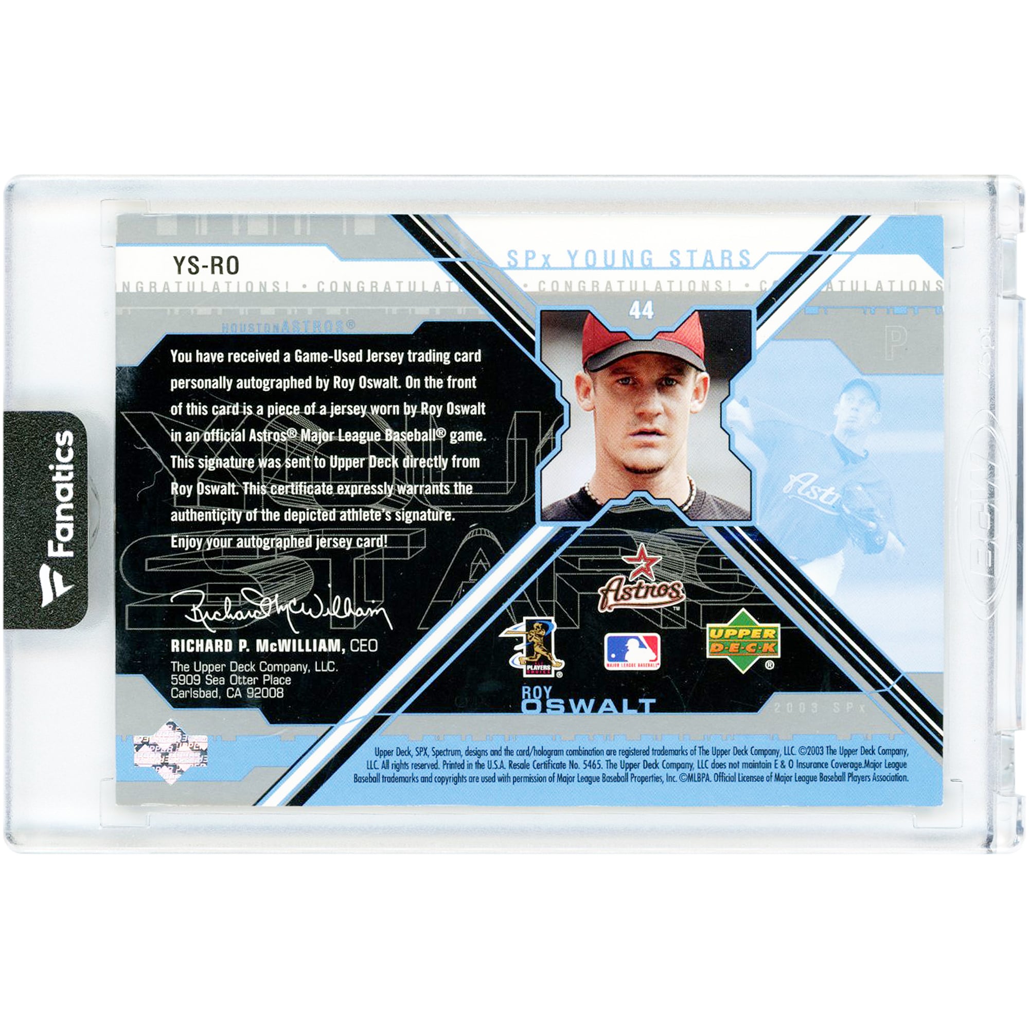 Roy Oswalt Houston Astros Autographed 2003 Upper Deck SPx Young Stars Game Used Jersey Relic #YS-RO #1107/1295 Card