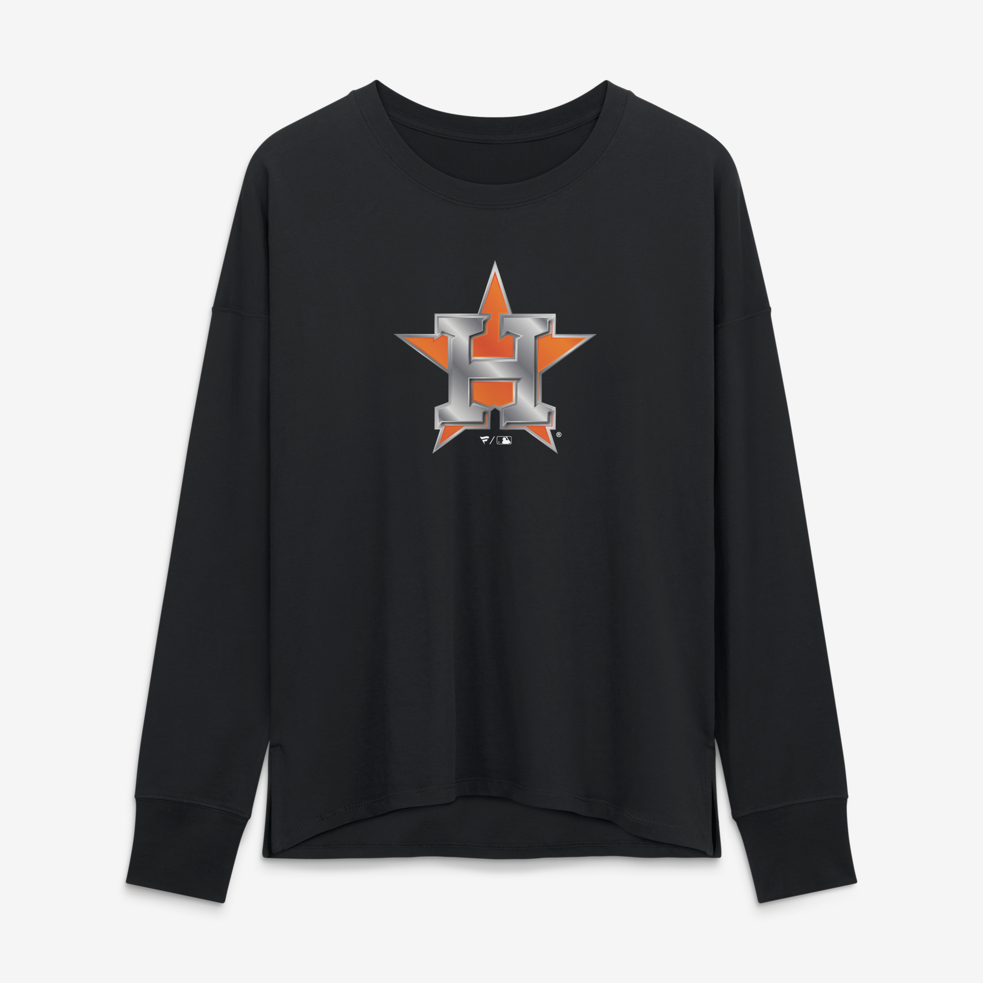 T-shirt à manches longues noir pour femmes avec mascotte métallique des Astros de Houston