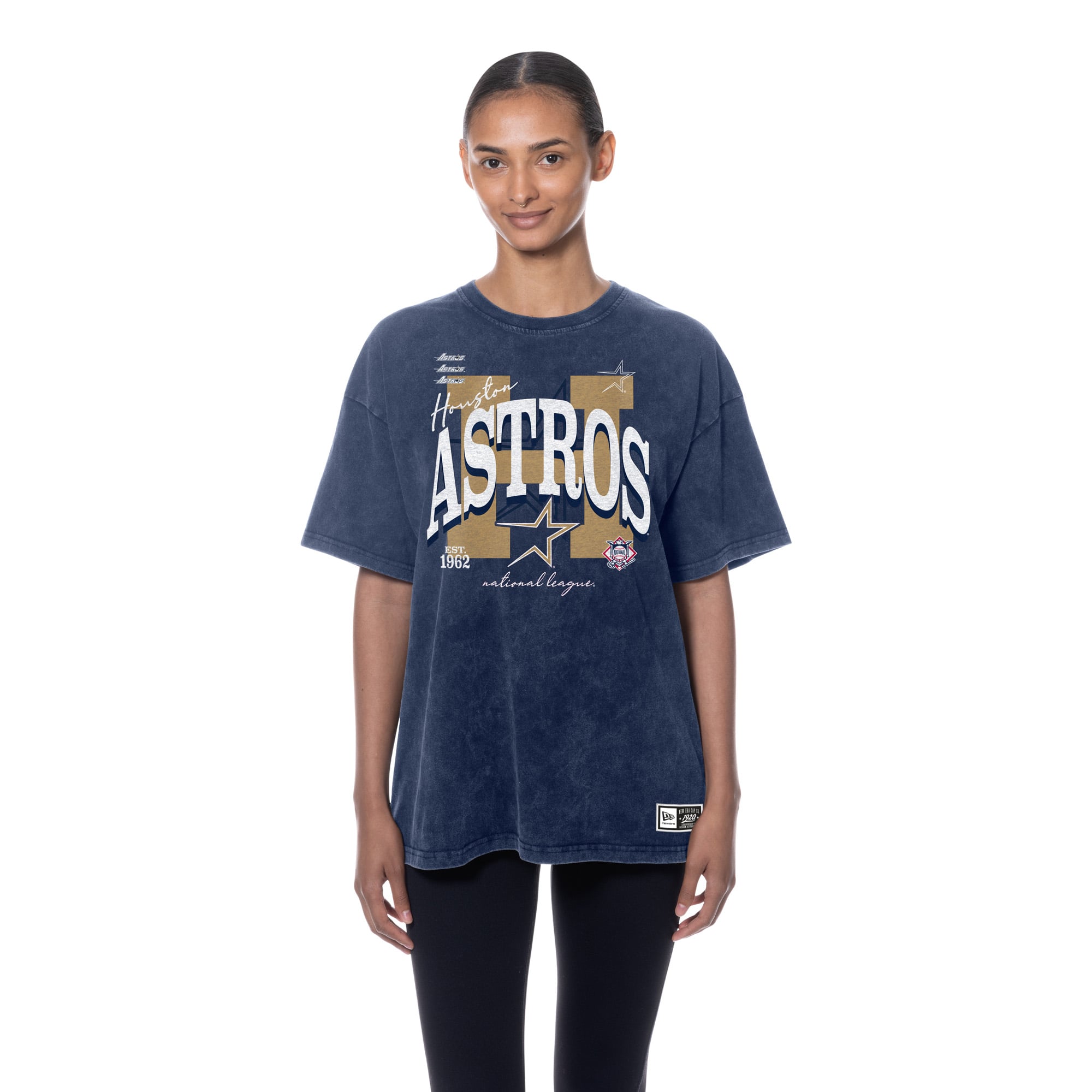 T-shirt boyfriend New Era bleu marine Houston Astros pour femme, style rétro, délavé à l'huile minérale