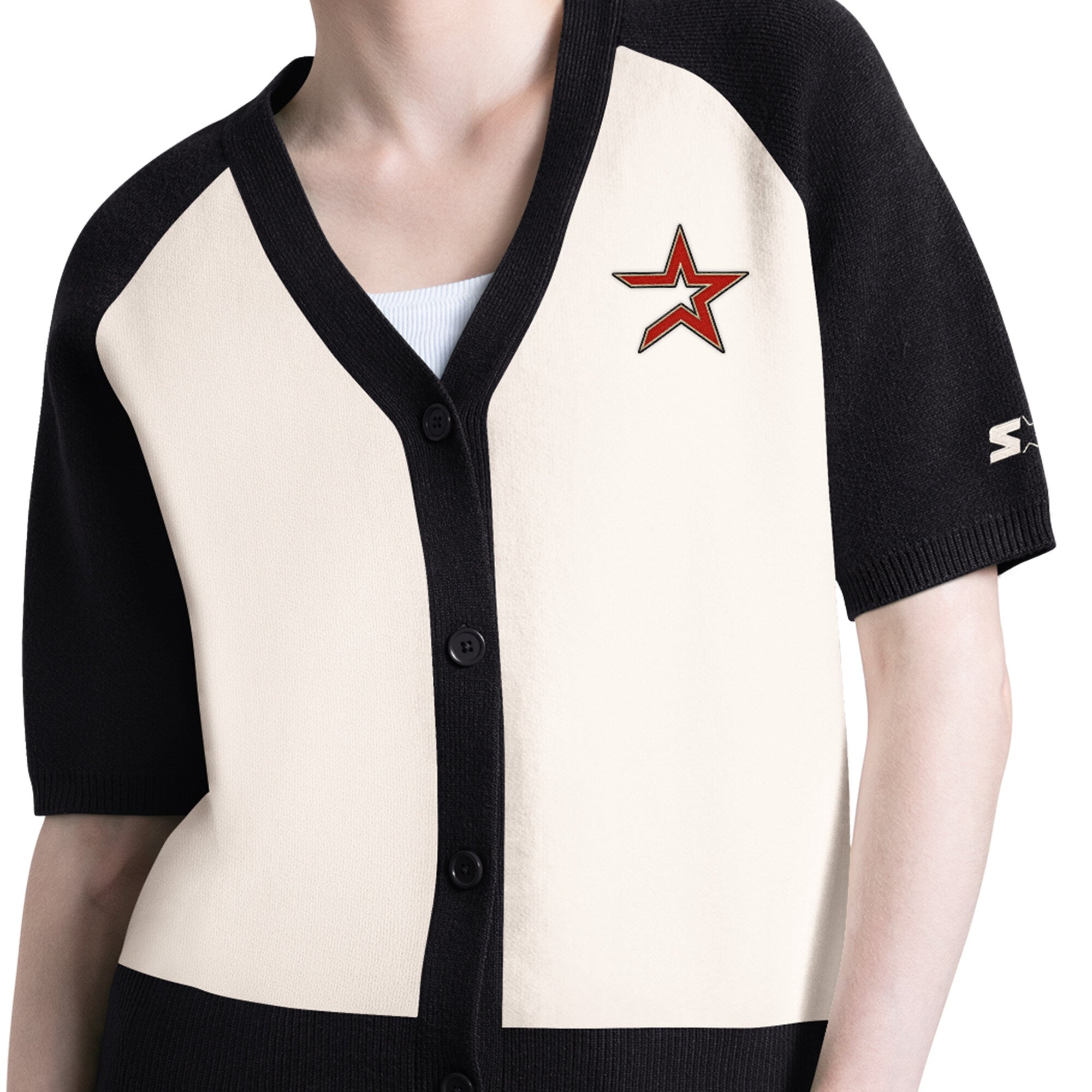 Women's Starter Cream Houston Astros Cooperstown Collection Key Player Tri-Blend Cropped Button-Up Raglan Short Sleeve Sweater