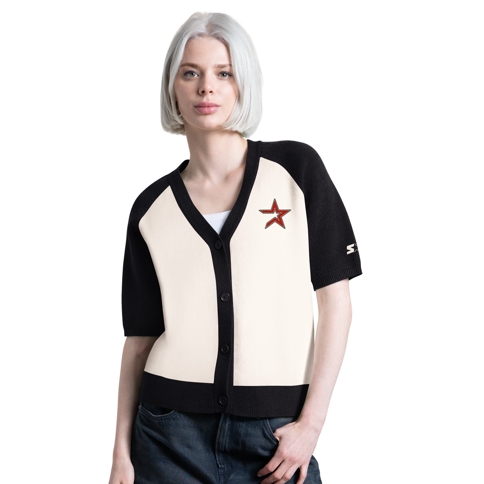 Women's Starter Cream Houston Astros Cooperstown Collection Key Player Tri-Blend Cropped Button-Up Raglan Short Sleeve Sweater