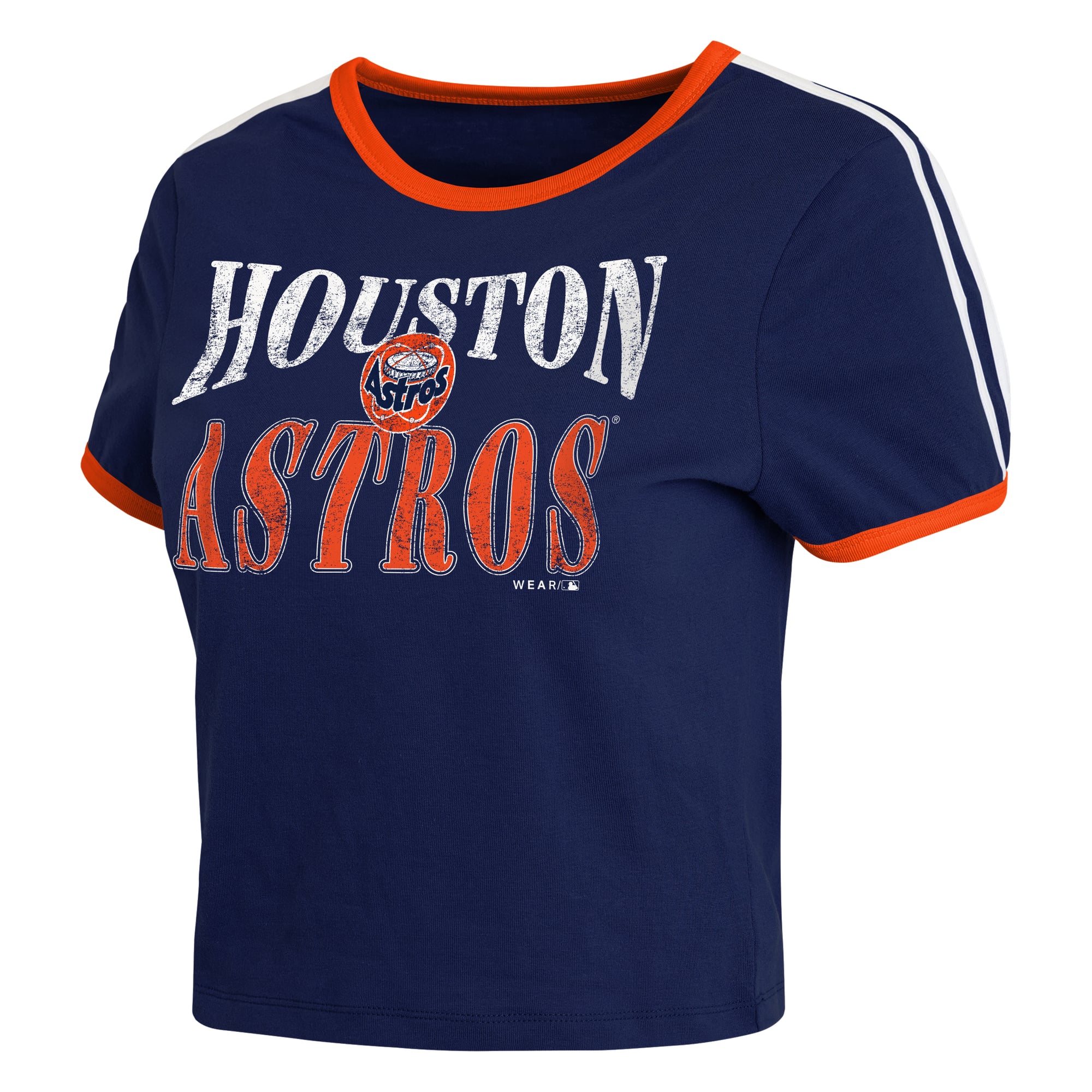 Women's WEAR by Erin Andrews Navy Houston Astros Cropped Throwback Ringer Baby T-Shirt