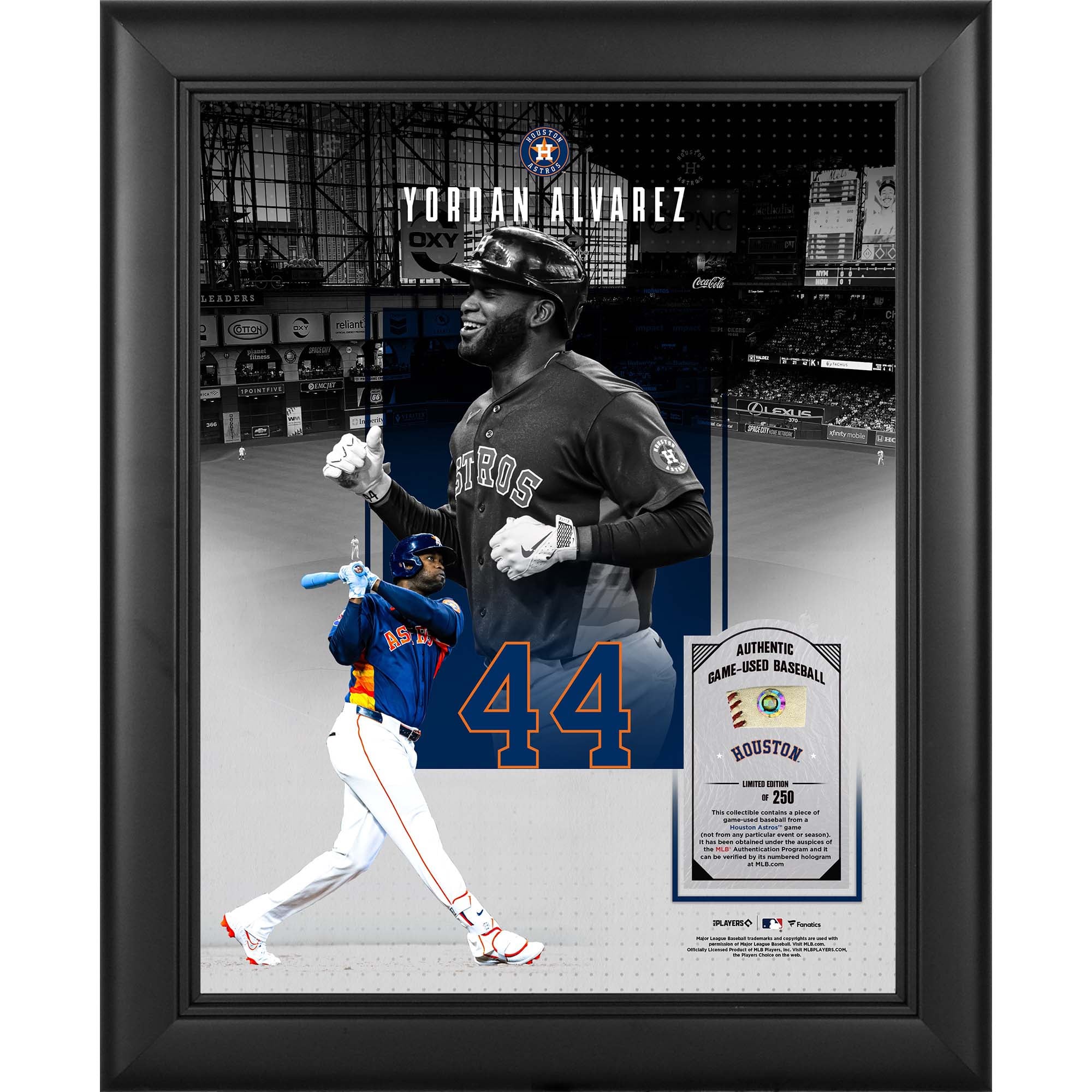 Collage encadré 11" x 14" de Yordan Alvarez, représentant les Astros de Houston, avec un morceau de balle utilisée en match - Édition limitée à 250 exemplaires