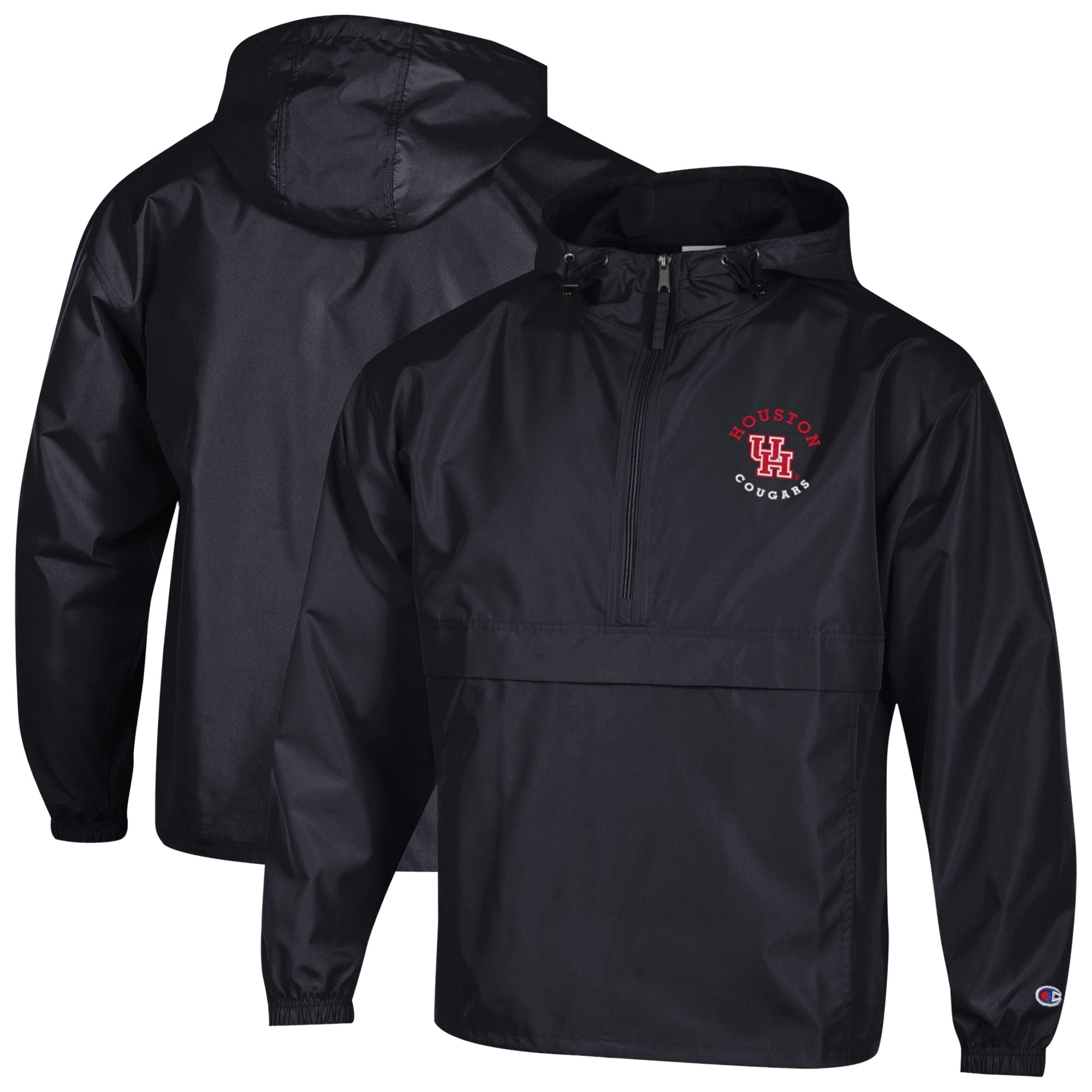 Veste à capuche zippée demi-zip compressible Champion noire pour homme, brodée Houston Cougars