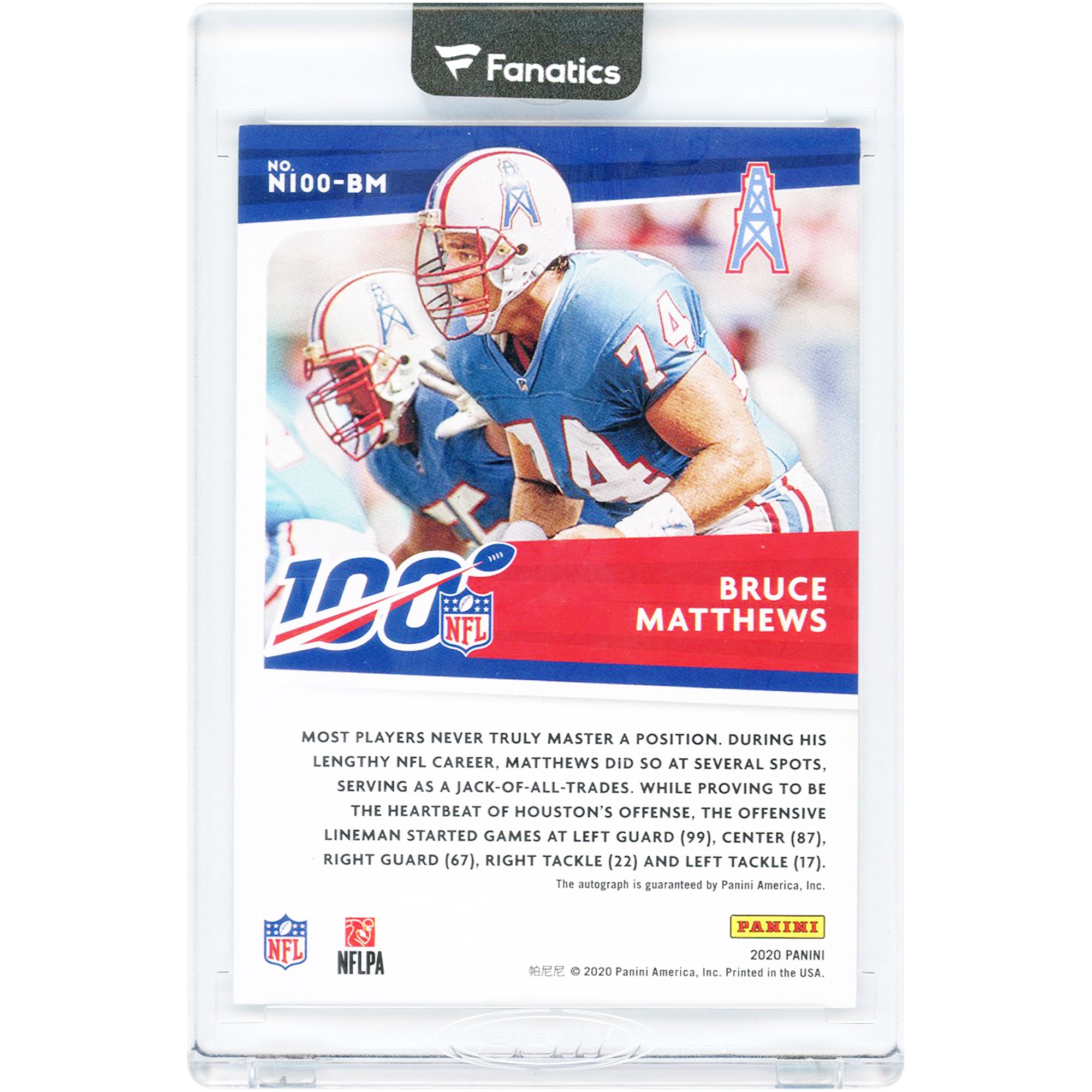 Carte autographiée de Bruce Matthews (Houston Oilers) Panini NFL 100 2020 #N100-BM