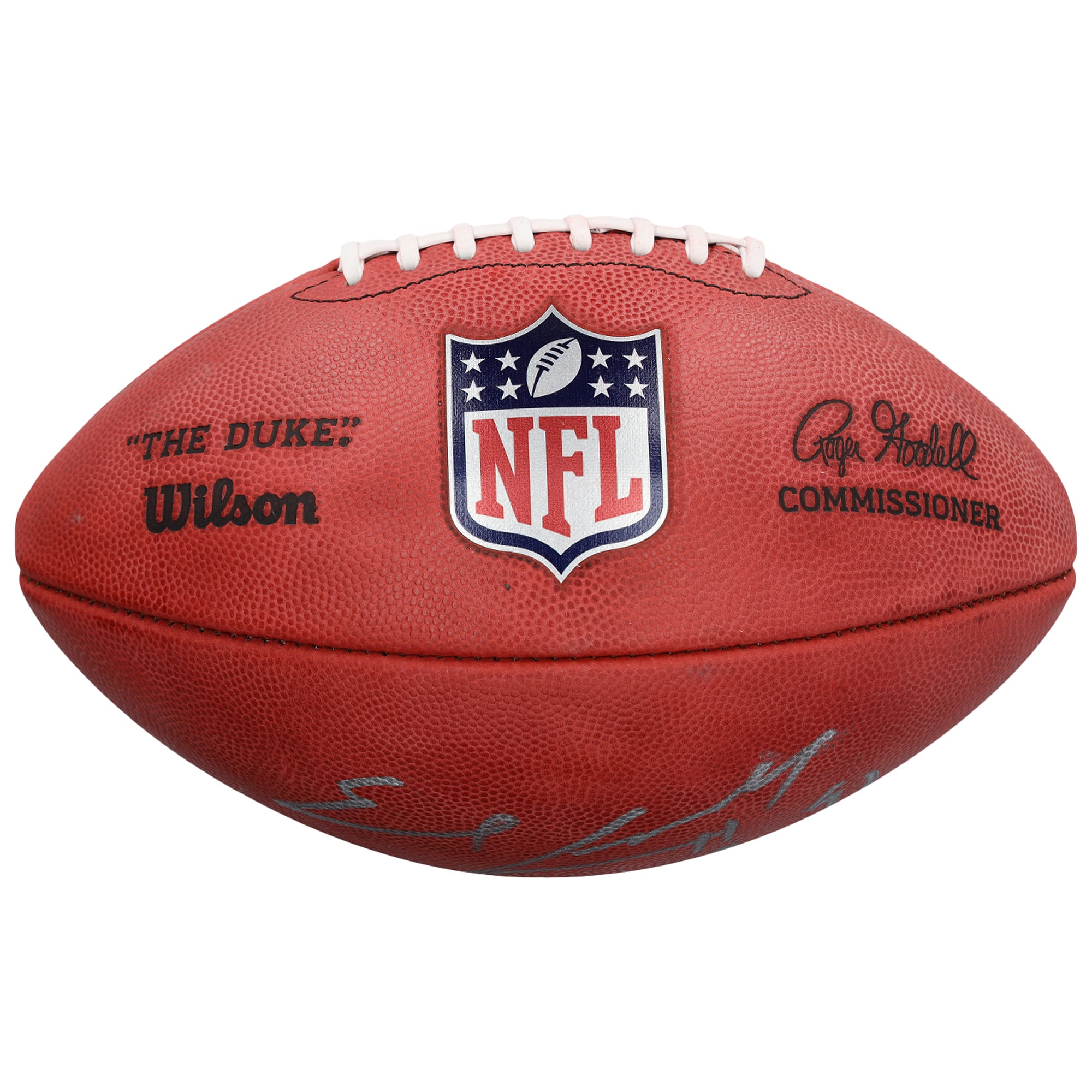 Ballon de football Wilson Duke en couleur, autographié par Earl Campbell et Warren Moon des Houston Oilers, avec de multiples inscriptions.