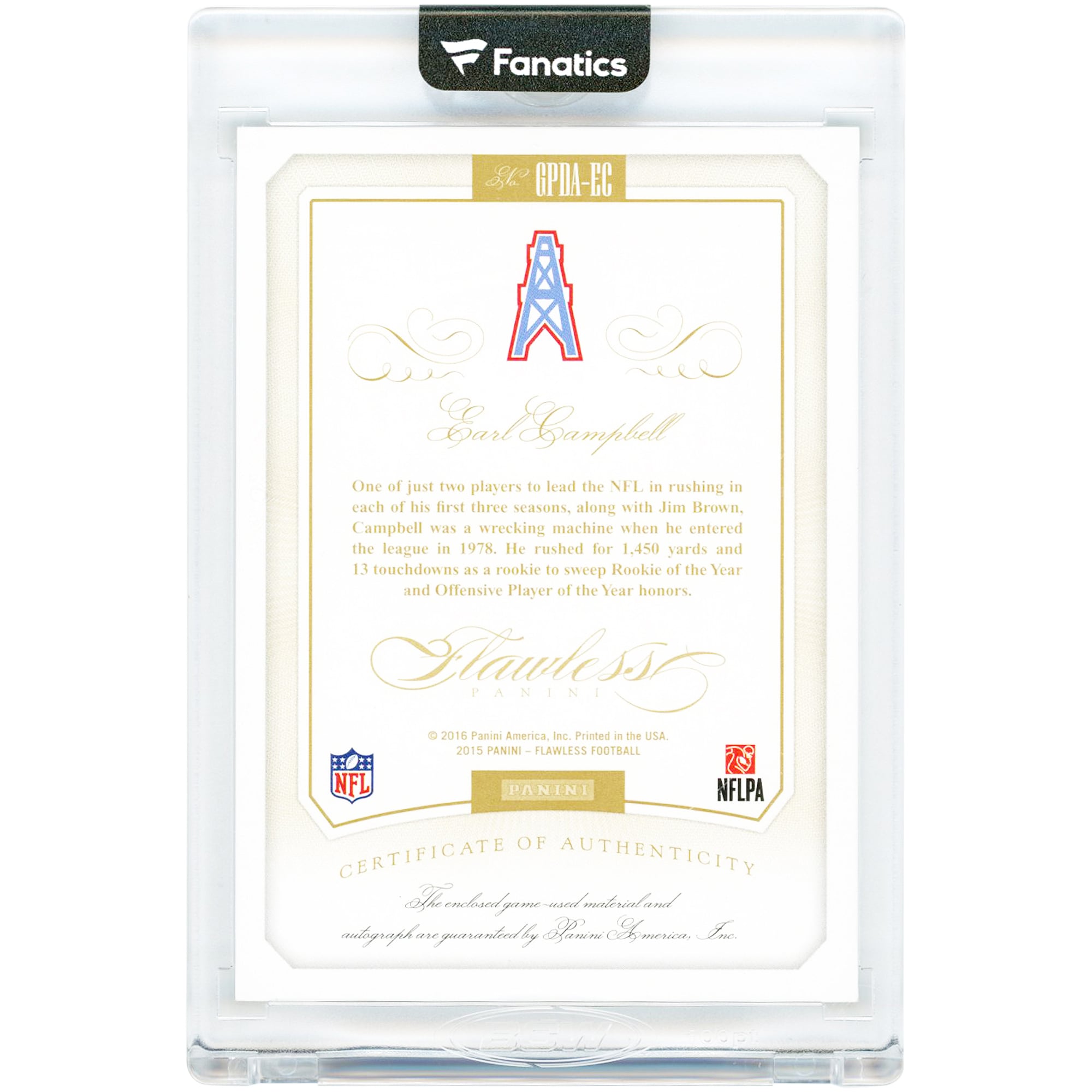 Carte autographiée Earl Campbell des Houston Oilers, collection Panini Flawless Ruby Greats 2015, double reliques de couleur utilisées en match, n° GPDA-EC, n° 1/15