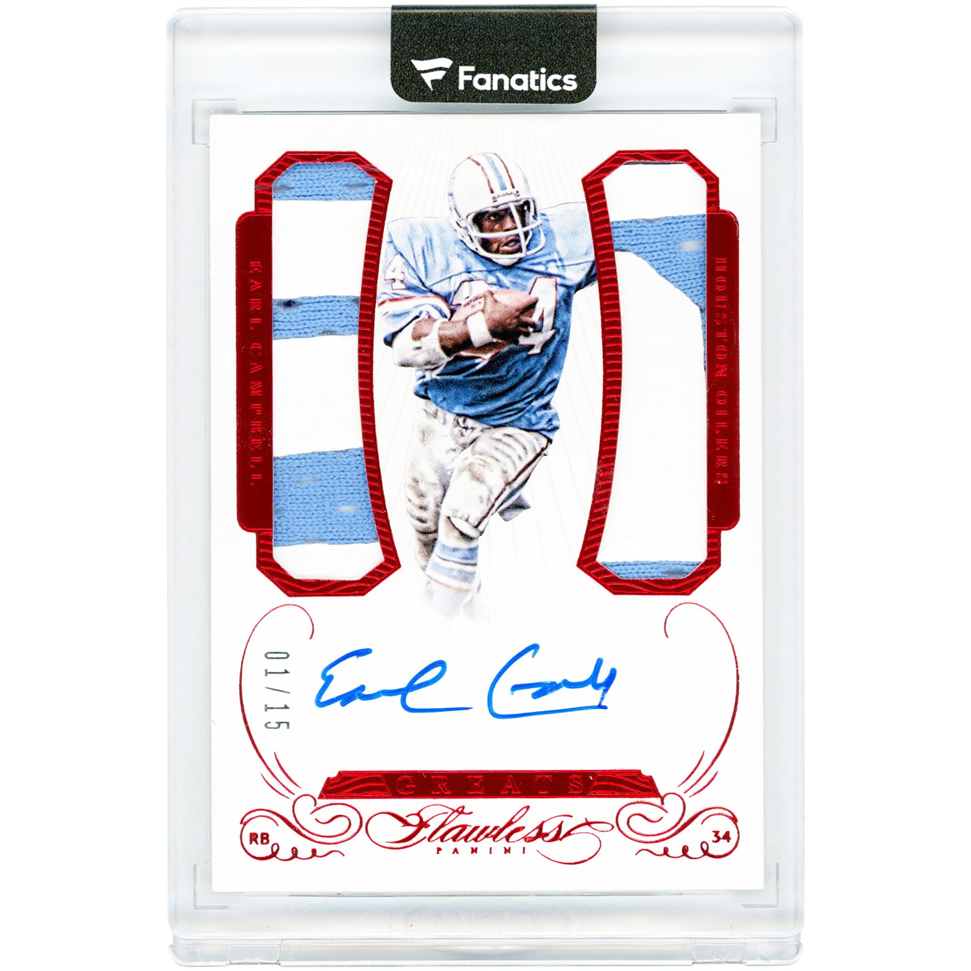 Earl Campbell Houston Oilers Autographed 2015 Panini Flawless Ruby Greats Dual Game Used 2 Color Relics #GPDA-EC #1/15 Card