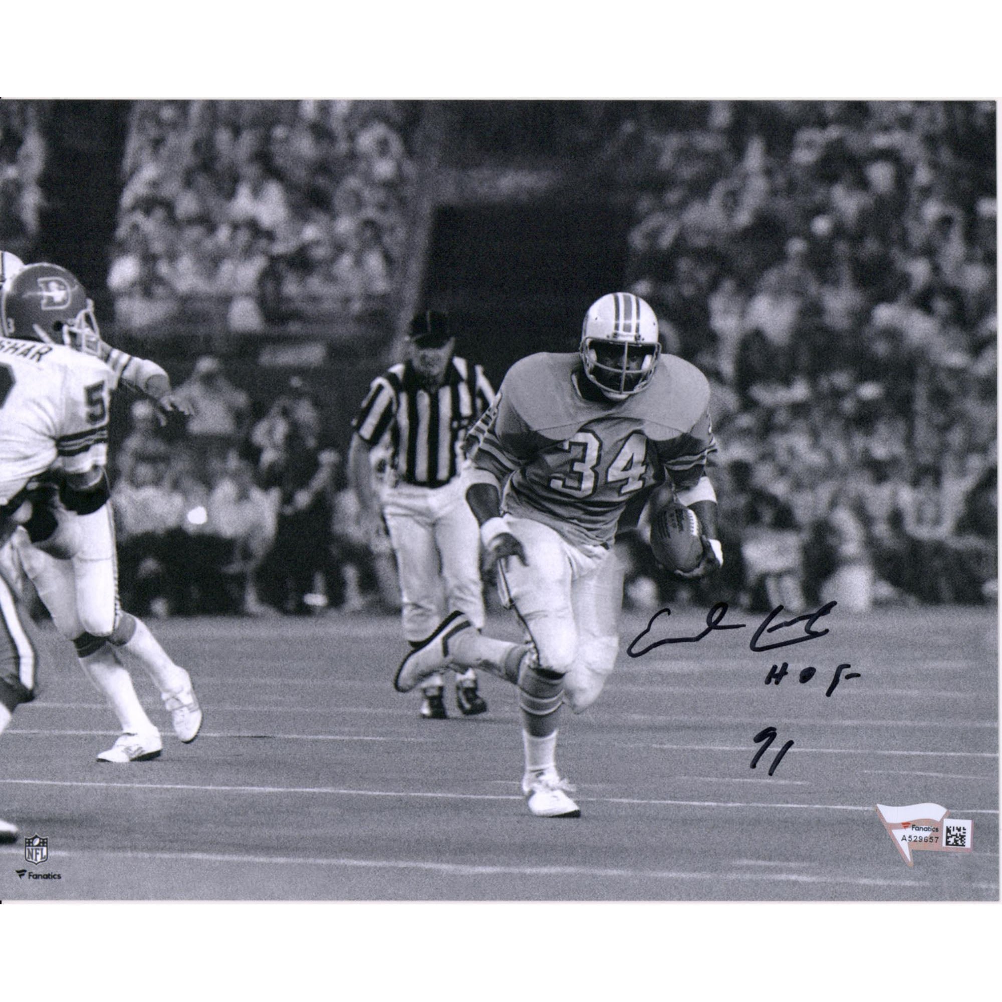 Earl Campbell Houston Oilers dédicacé 8" x 10" Photographie de course en noir et blanc avec inscription "HOF 91"