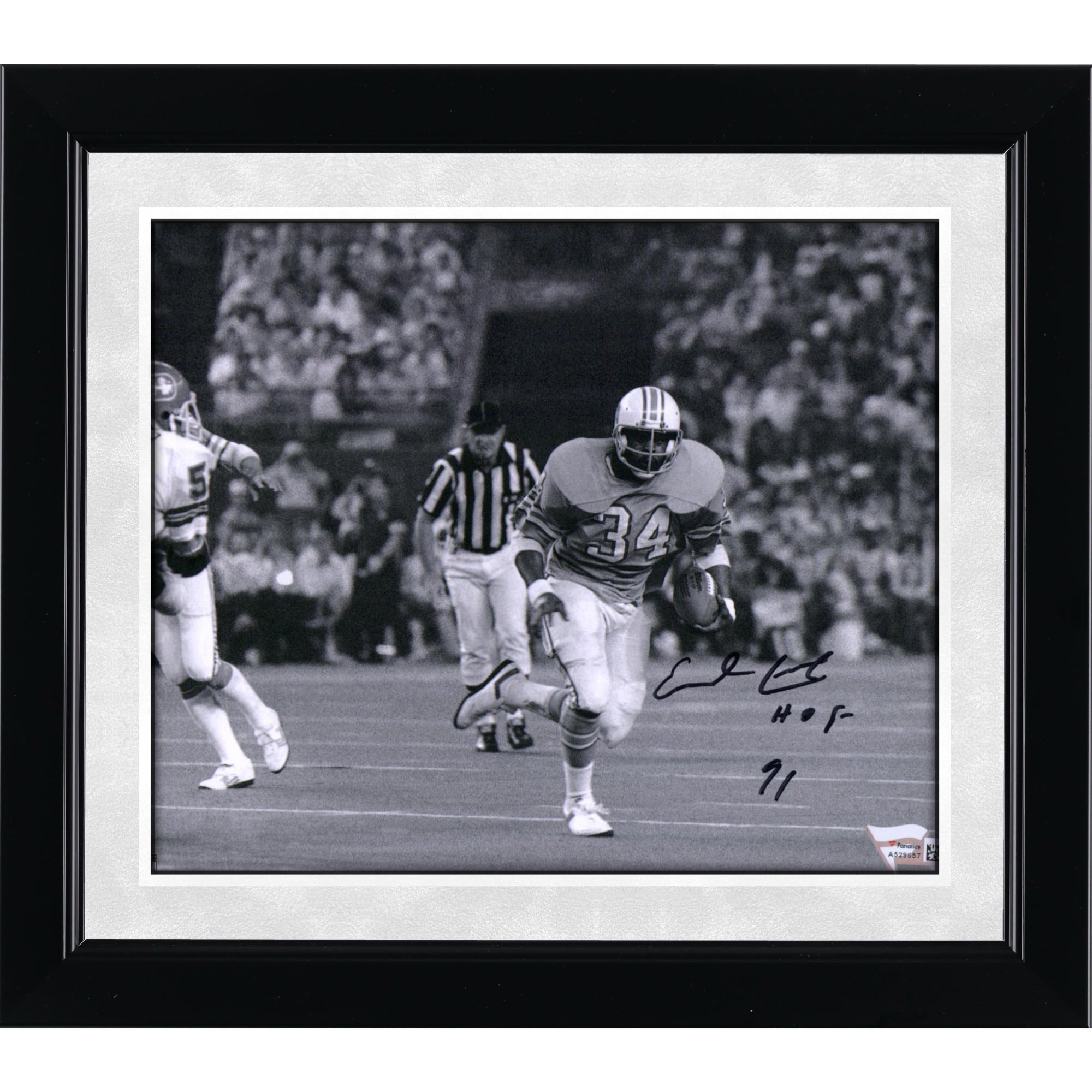 Earl Campbell Houston Oilers dédicacé 8" x 10" Photographie de course en noir et blanc avec inscription "HOF 91"