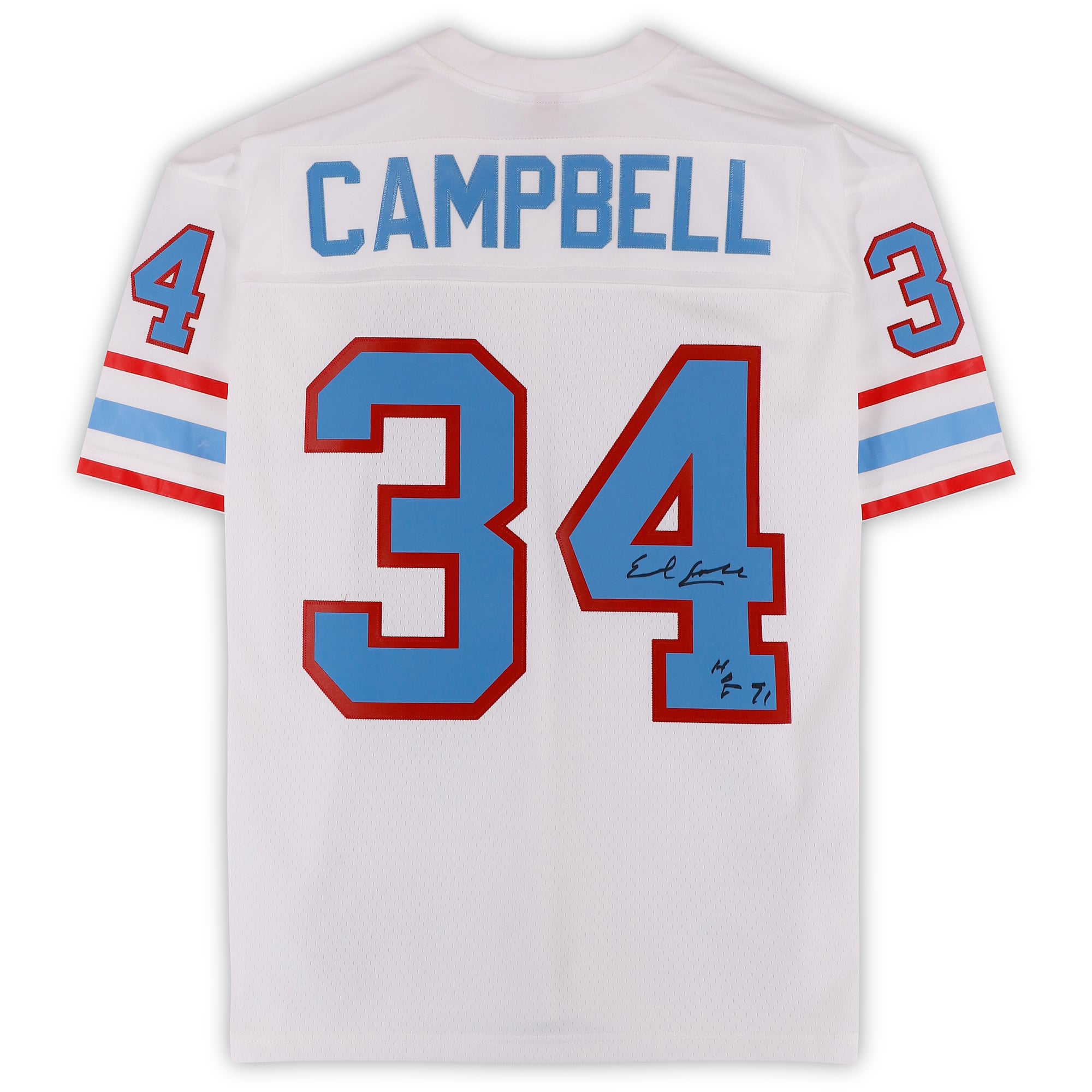 Maillot réplique blanc Nike Mitchell & Ness 1979 autographié par Earl Campbell des Houston Oilers, avec inscription « HOF 91 ».