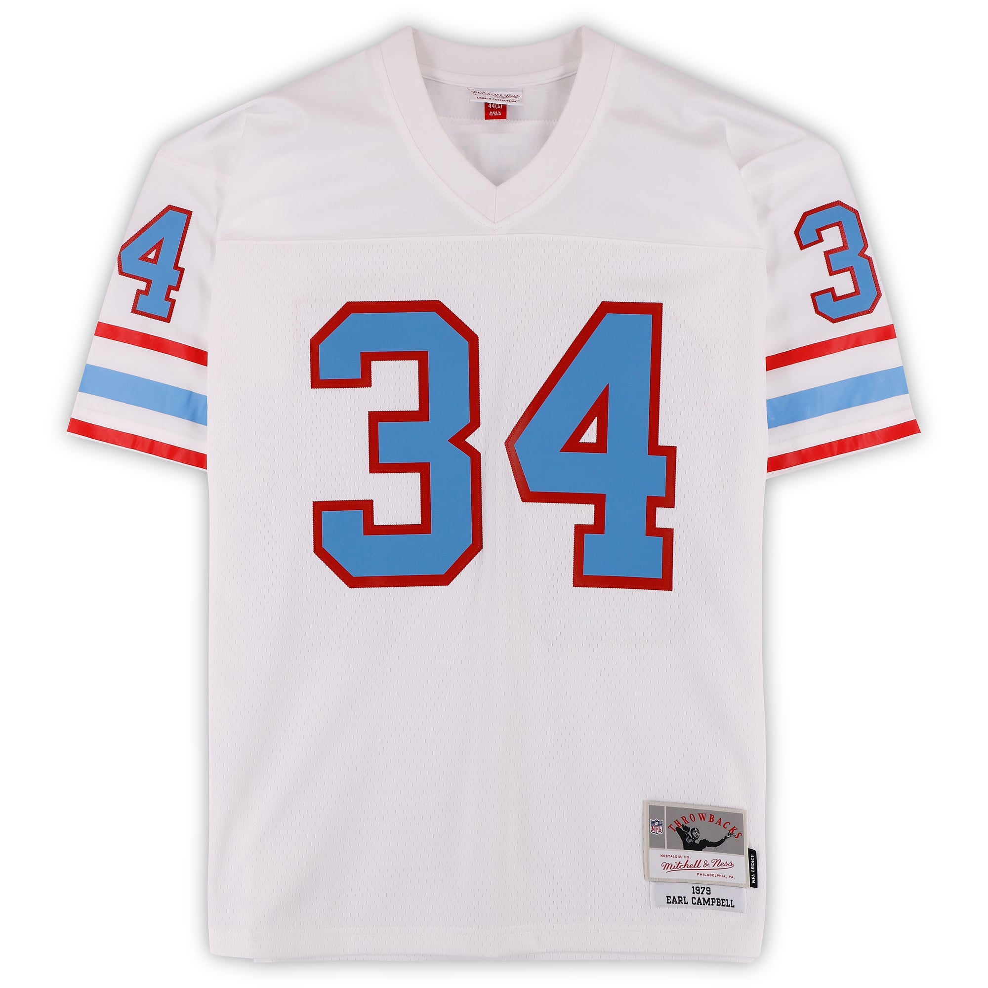 Maillot réplique blanc Nike Mitchell & Ness 1979 autographié par Earl Campbell des Houston Oilers, avec inscription « HOF 91 ».