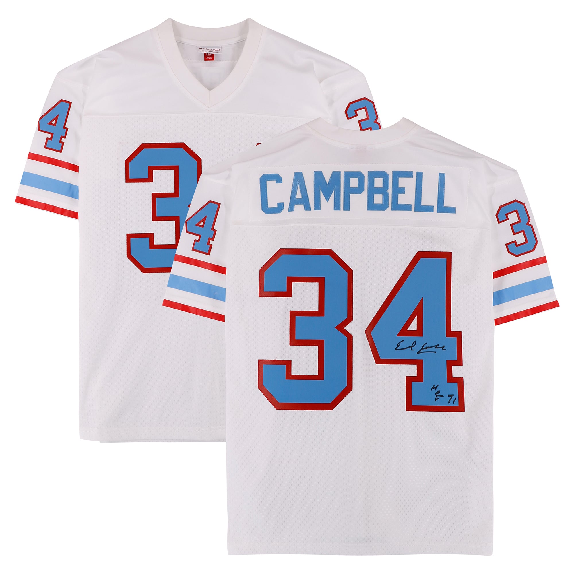 Maillot réplique blanc Nike Mitchell & Ness 1979 autographié par Earl Campbell des Houston Oilers, avec inscription « HOF 91 ».