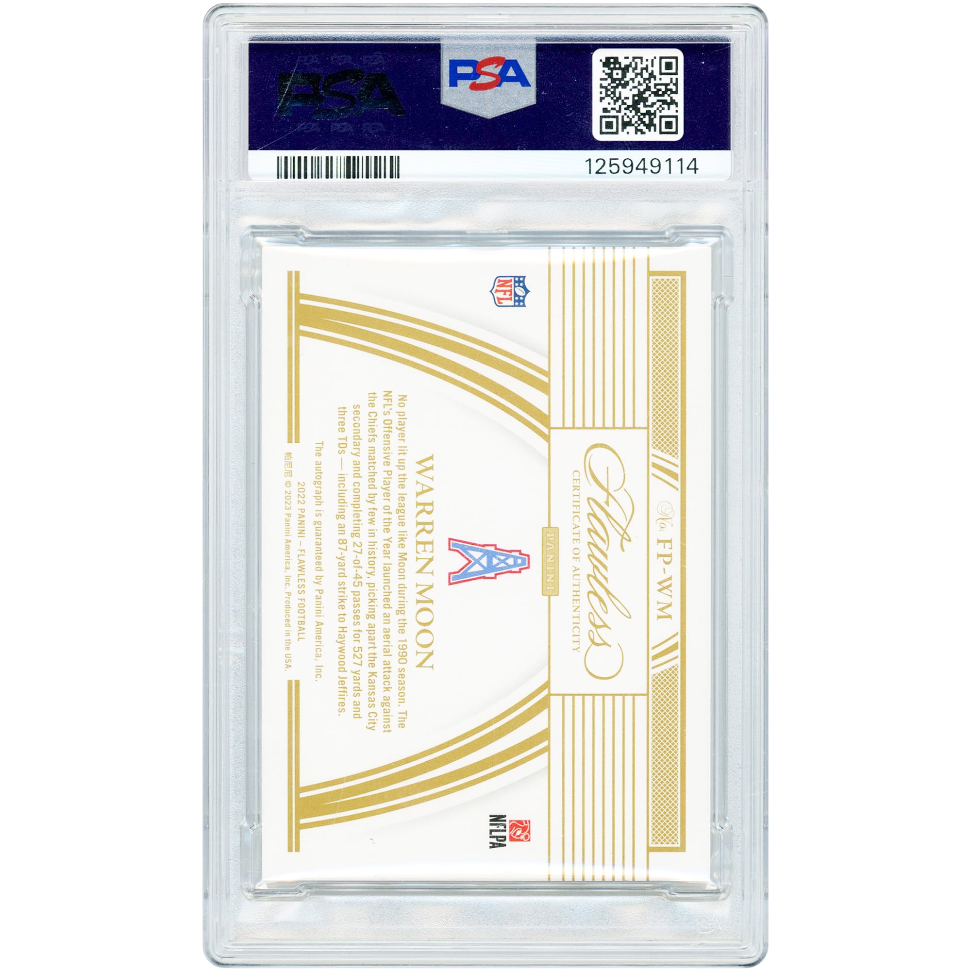 Carte autographiée par Warren Moon des Houston Oilers, collection Panini Flawless Sapphire Performances Signatures 2022, numéro FP-WM, authentifiée PSA 8 (4/5).