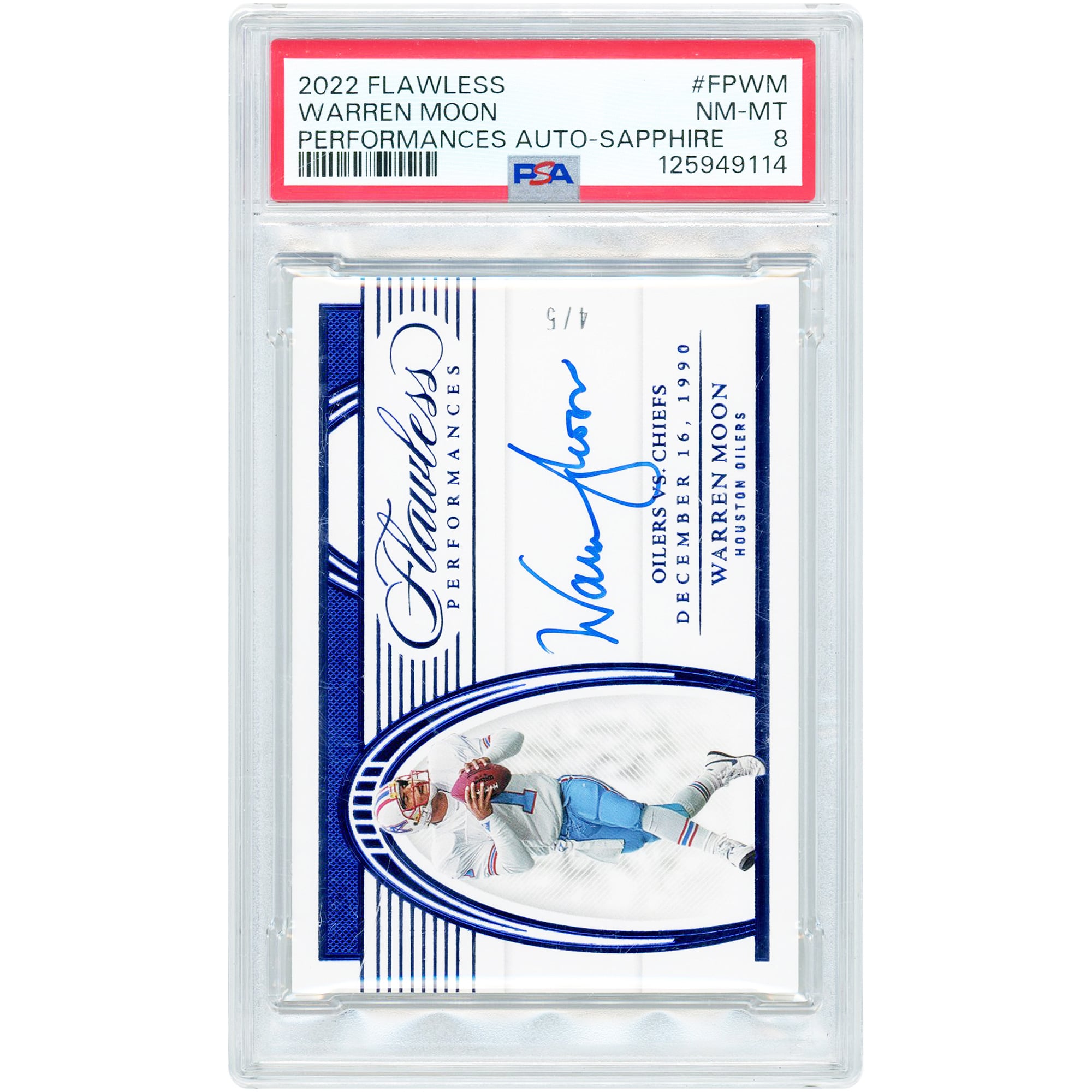 Carte autographiée par Warren Moon des Houston Oilers, collection Panini Flawless Sapphire Performances Signatures 2022, numéro FP-WM, authentifiée PSA 8 (4/5).