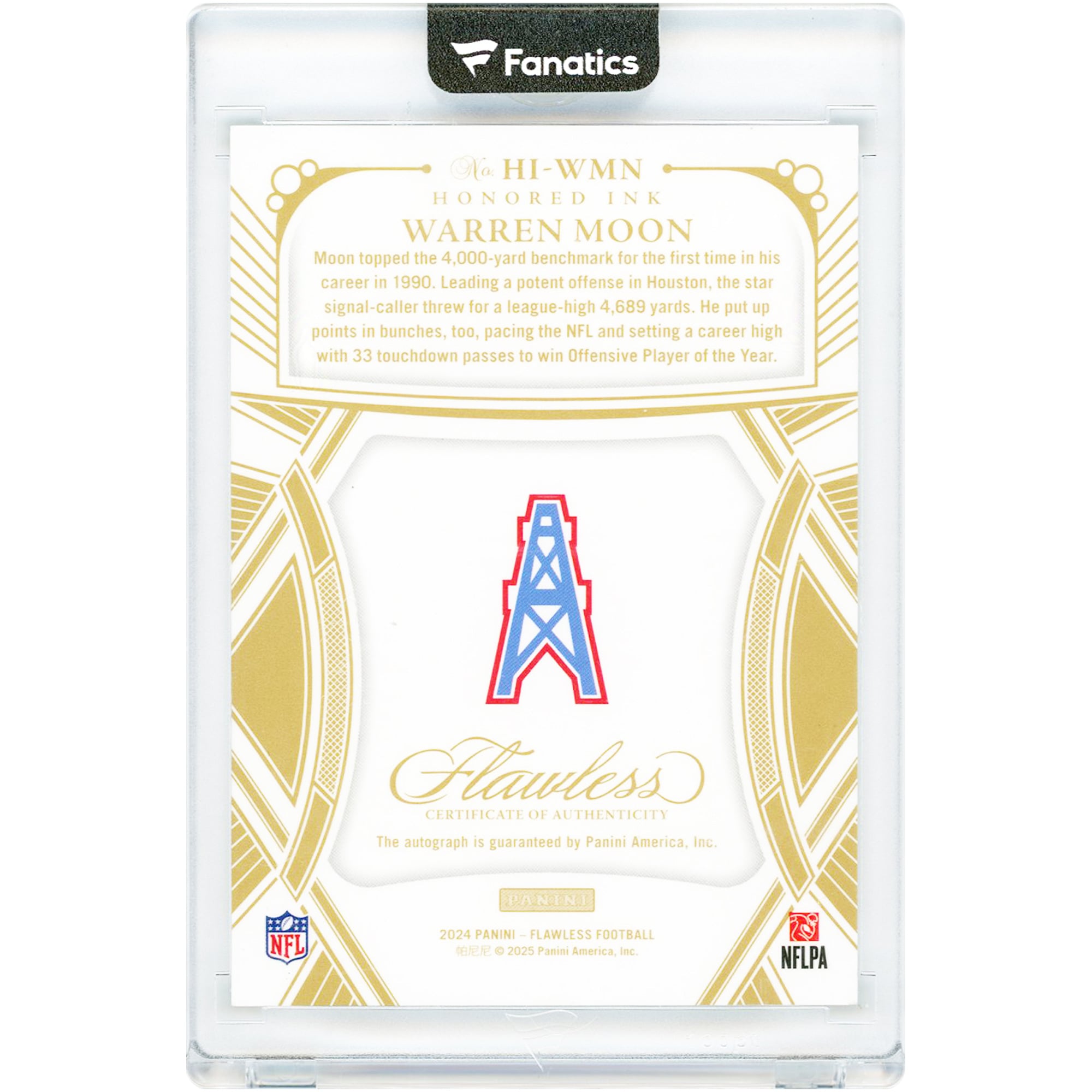 Carte autographiée par Warren Moon des Houston Oilers, collection Panini Flawless Honored Ink 2024, n° H1-WMN, n° 7/25