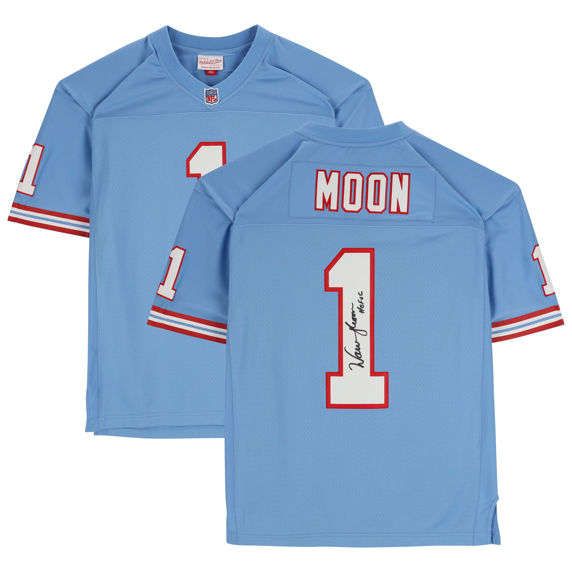 Maillot réplique bleu Mitchell & Ness autographié par Warren Moon des Houston Oilers avec inscription « HOF 06 »