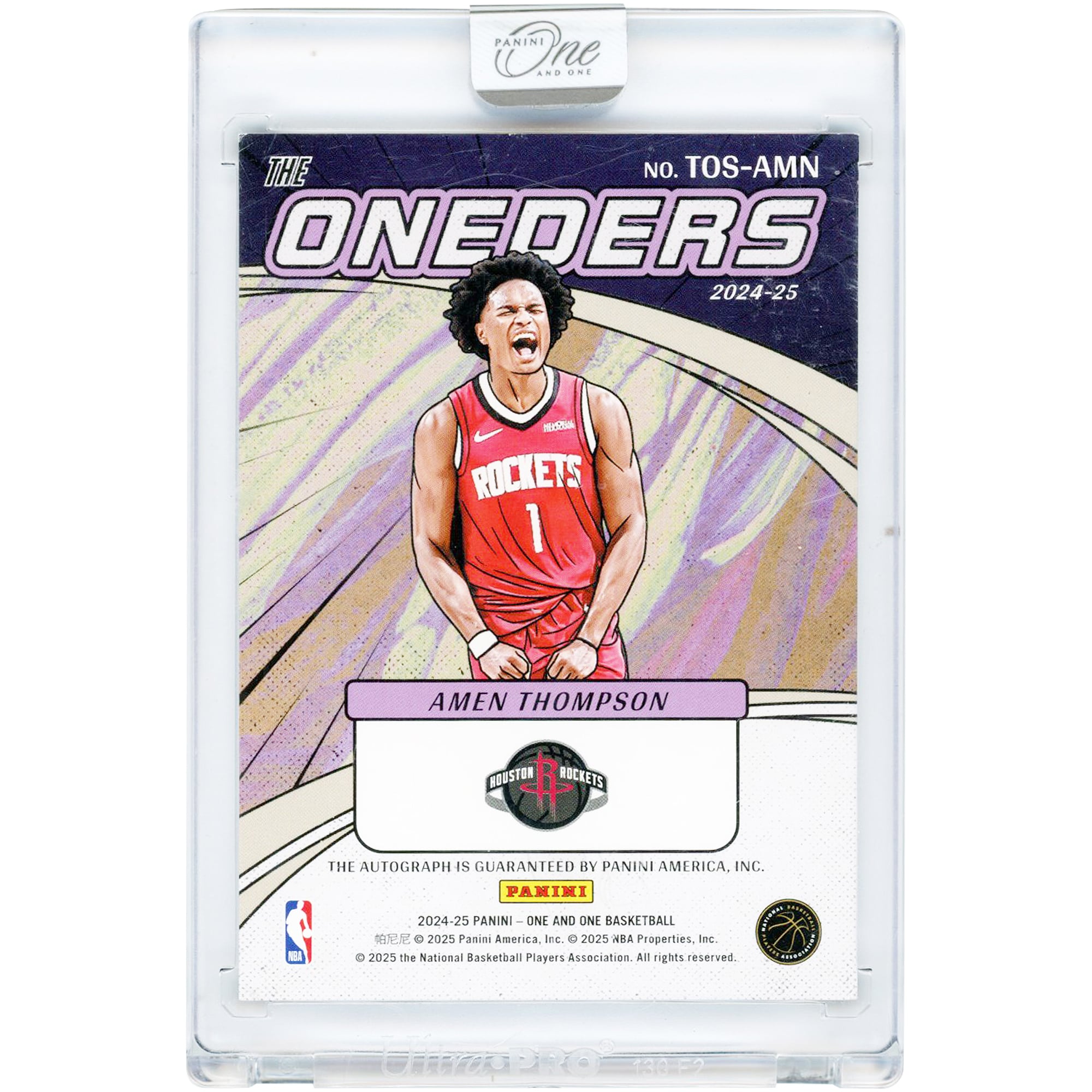 Amen Thompson Houston Rockets Autographed 2024-25 Panini One & One The Oneders Purple #TOS-AMN #4/35 Card