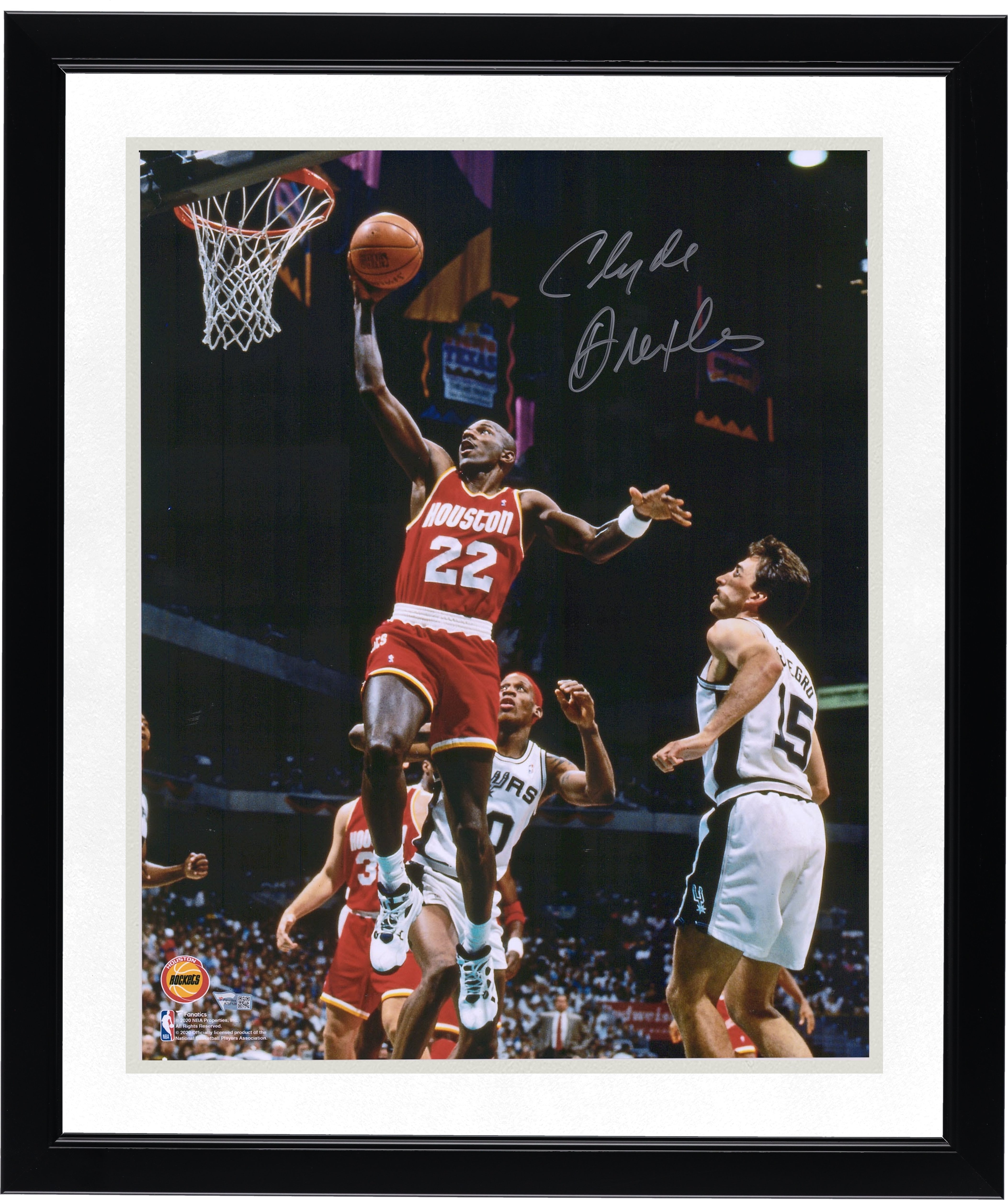 Photo de dunk autographiée de Clyde Drexler (Houston Rockets) - 40 x 50 cm