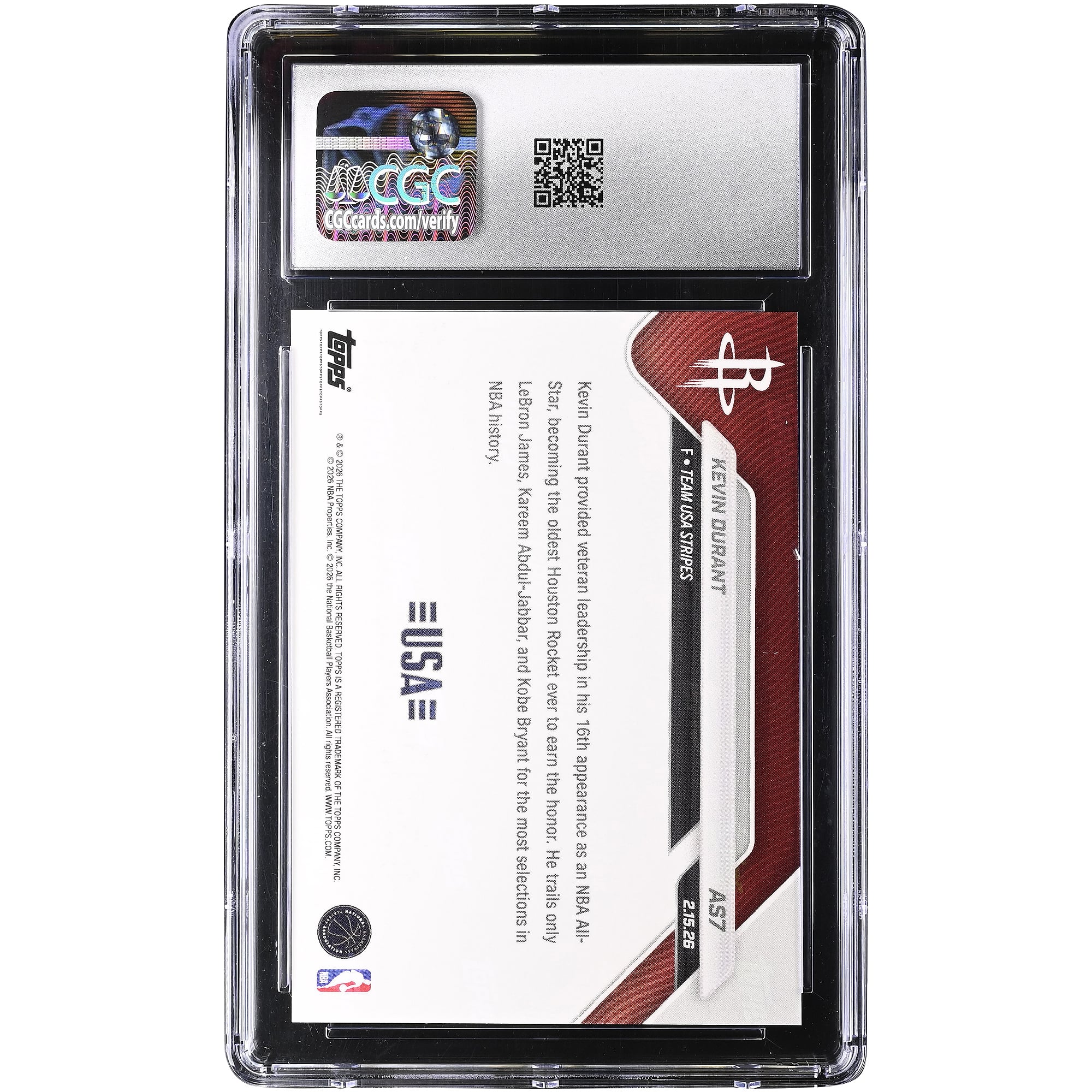 Carte Kevin Durant Houston Rockets 2025-26 Topps Now All-Star Game #AS7 authentifiée CGC 9.5