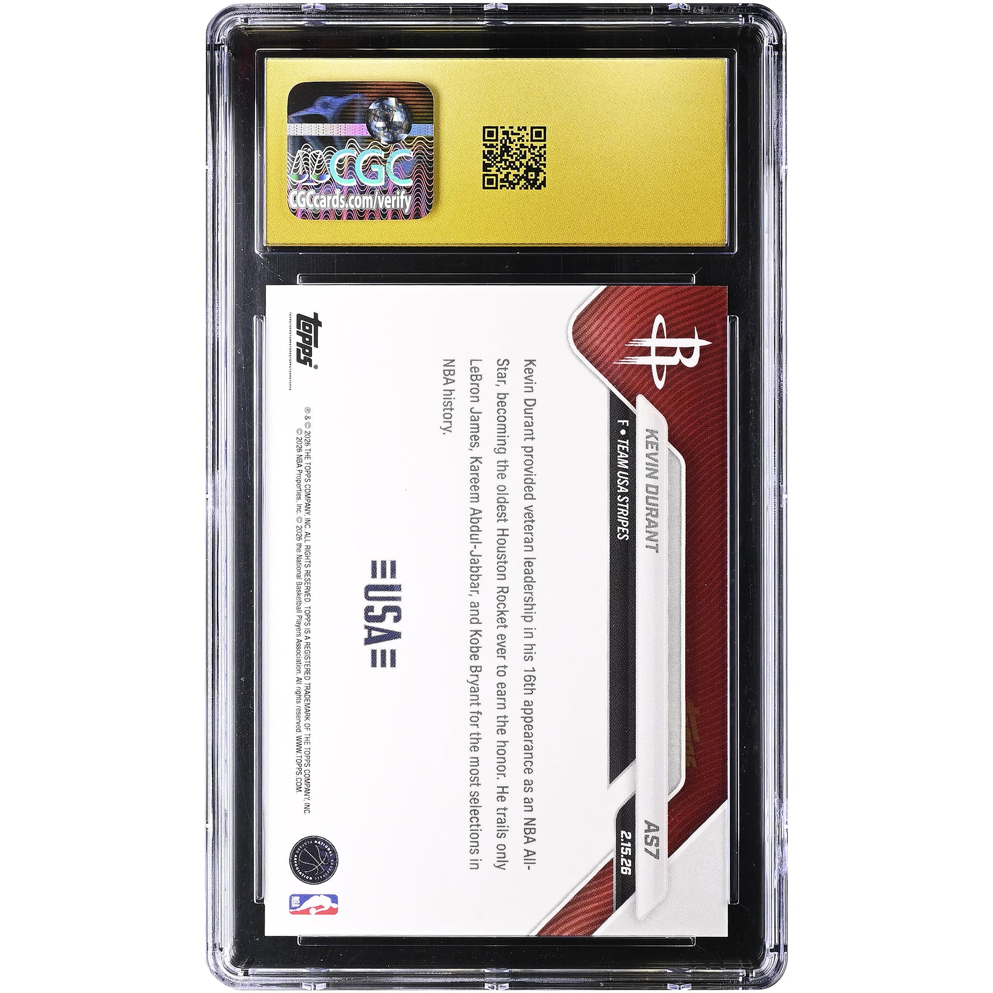Kevin Durant Houston Rockets 2025-26 Topps Now All-Star Game #AS7 CGC Authenticated PRISTINE 10 Card