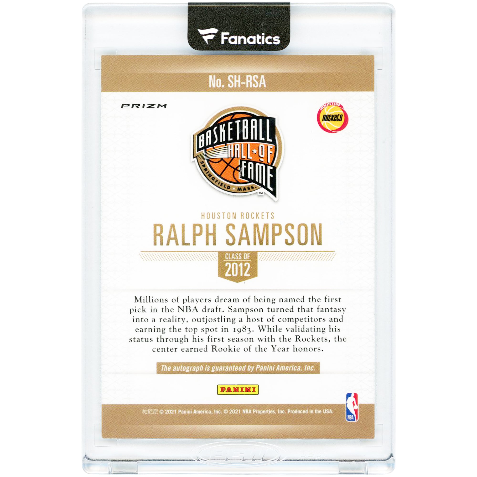 Carte Panini Hall of Fame 2021 autographiée de Ralph Sampson (Houston Rockets) #SH-RSA