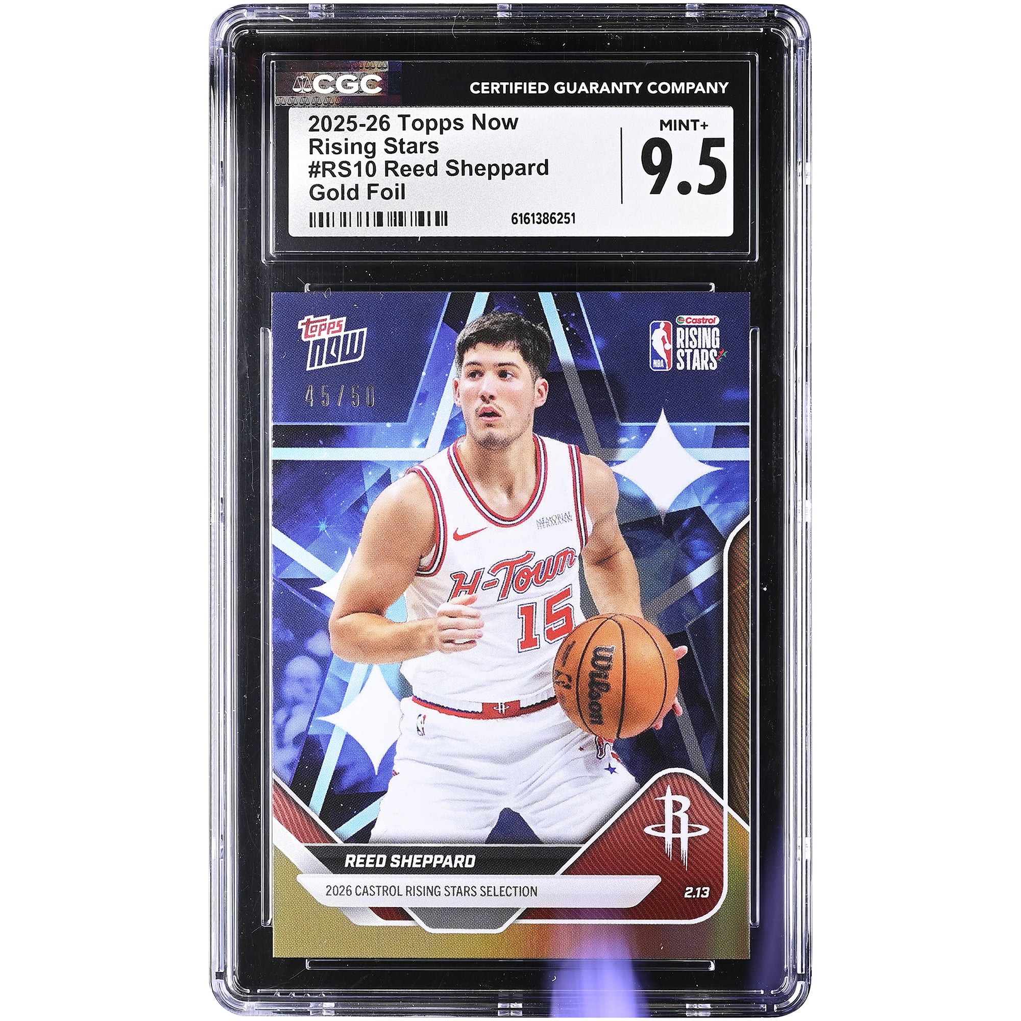 Reed Sheppard Houston Rockets 2025-26 Topps Now Rising Stars Gold Foil #RS10 #/50 CGC Authenticated 9.5 Card