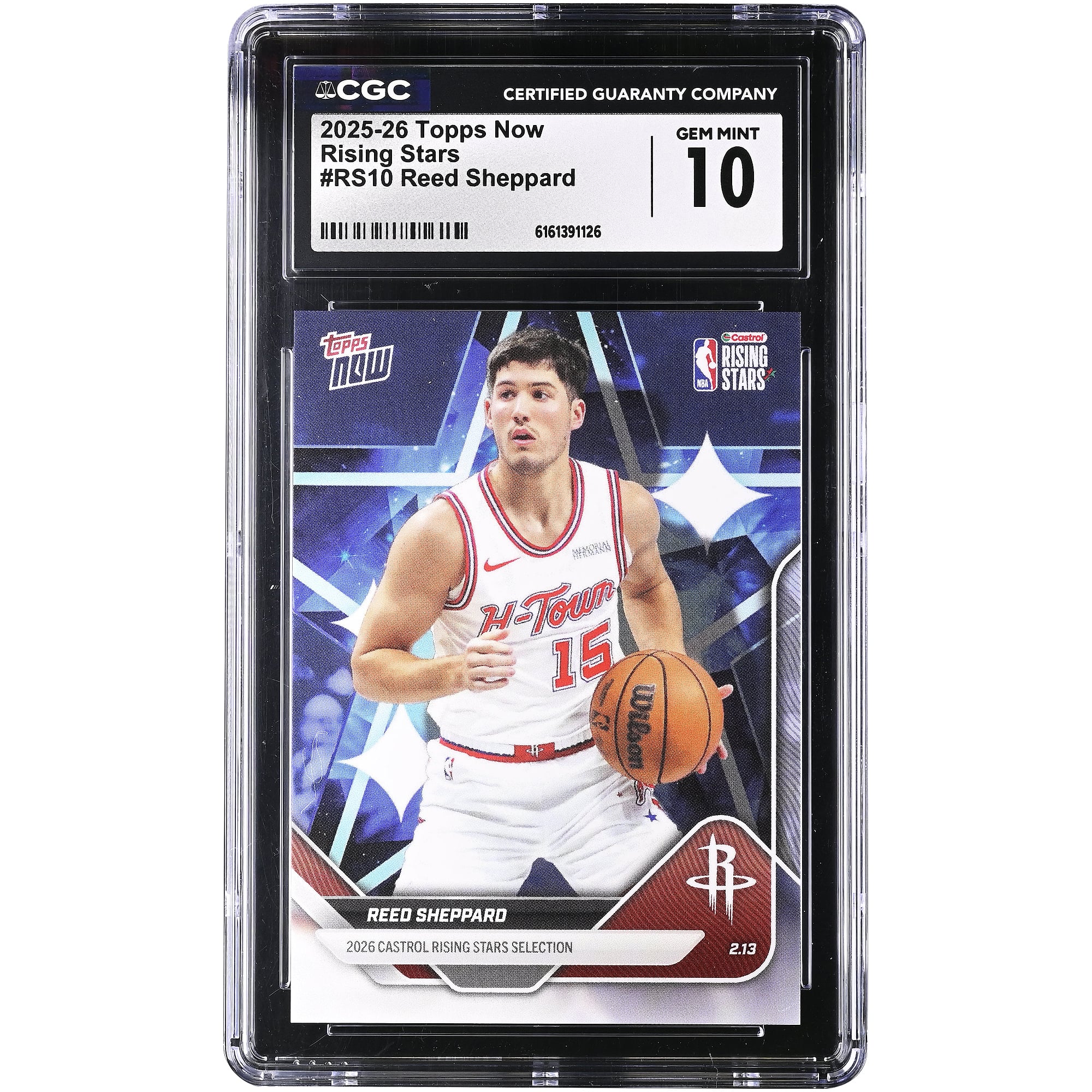 Carte authentifiée CGC 10 pièces de Reed Sheppard, Houston Rockets, saison 2025-26, Topps Now Rising Stars #RS10