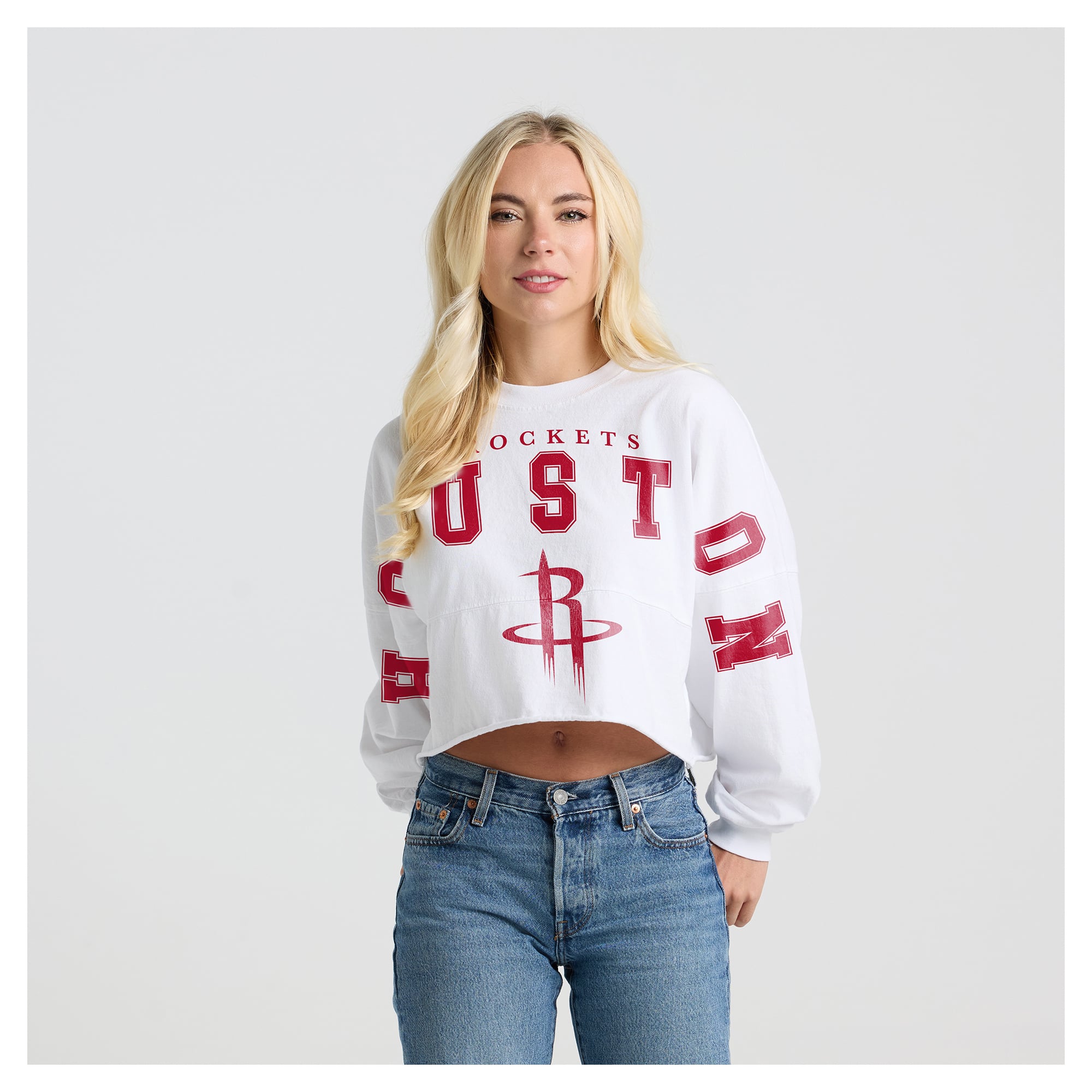 Women's Fanatics White Houston Rockets Spirit Jersey Cropped Crew Neck Sweatshirt