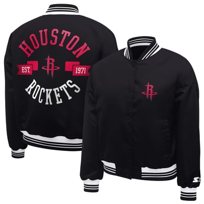  Houston Rockets Starter Women's Printed Logo Cropped Satin Varsity Full-Snap Jacket - Black