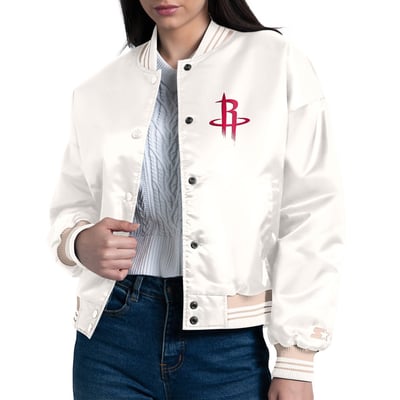 Houston Rockets Starter Women's Printed Logo Cropped Satin Varsity Full-Snap Jacket - Cream