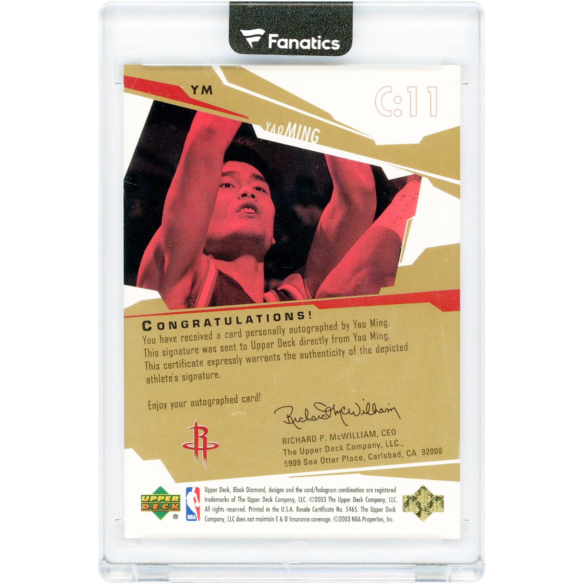Carte Yao Ming Houston Rockets autographiée 2003-04 Upper Deck Black Diamond 24 Karat Signatures #YM