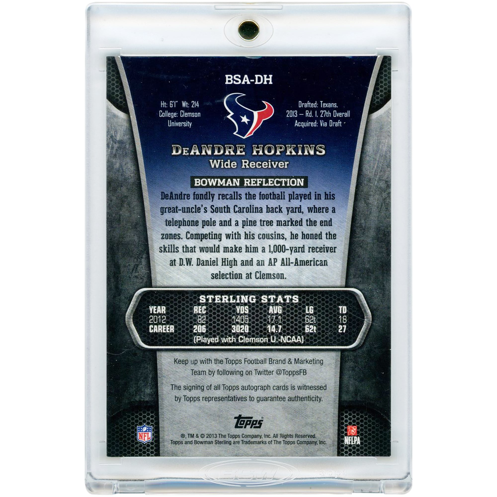 Carte de recrue autographiée de DeAndre Hopkins (Houston Texans) 2013 Bowman Sterling #BSA-DH