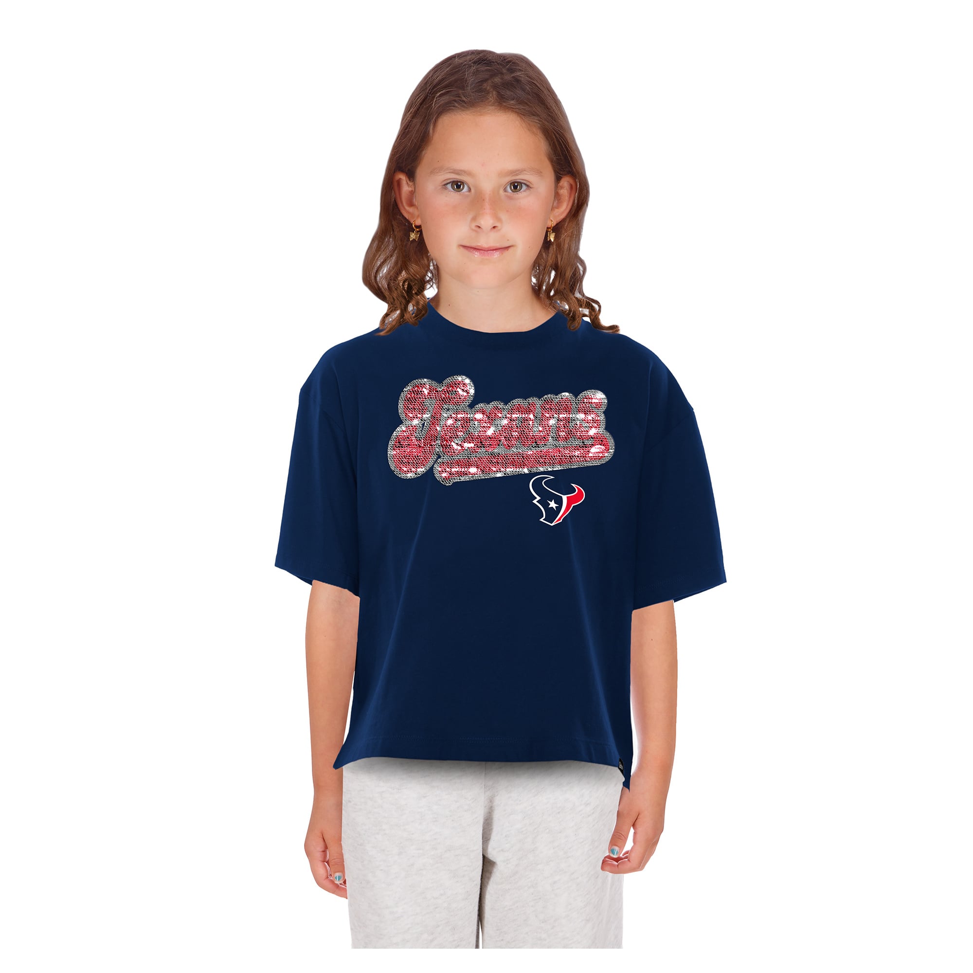 Girls Youth New Era  Navy Houston Texans Flip Sequin Boxy T-Shirt