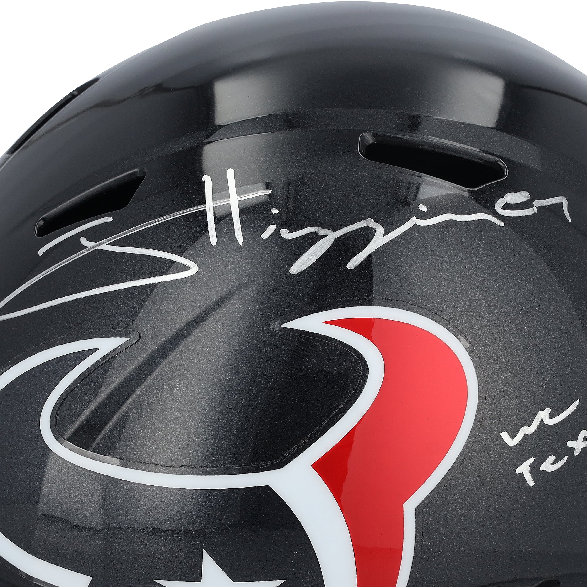 Casque réplique Riddell Speed ​​autographié par Jayden Higgins des Houston Texans avec inscription « We Are Texans »
