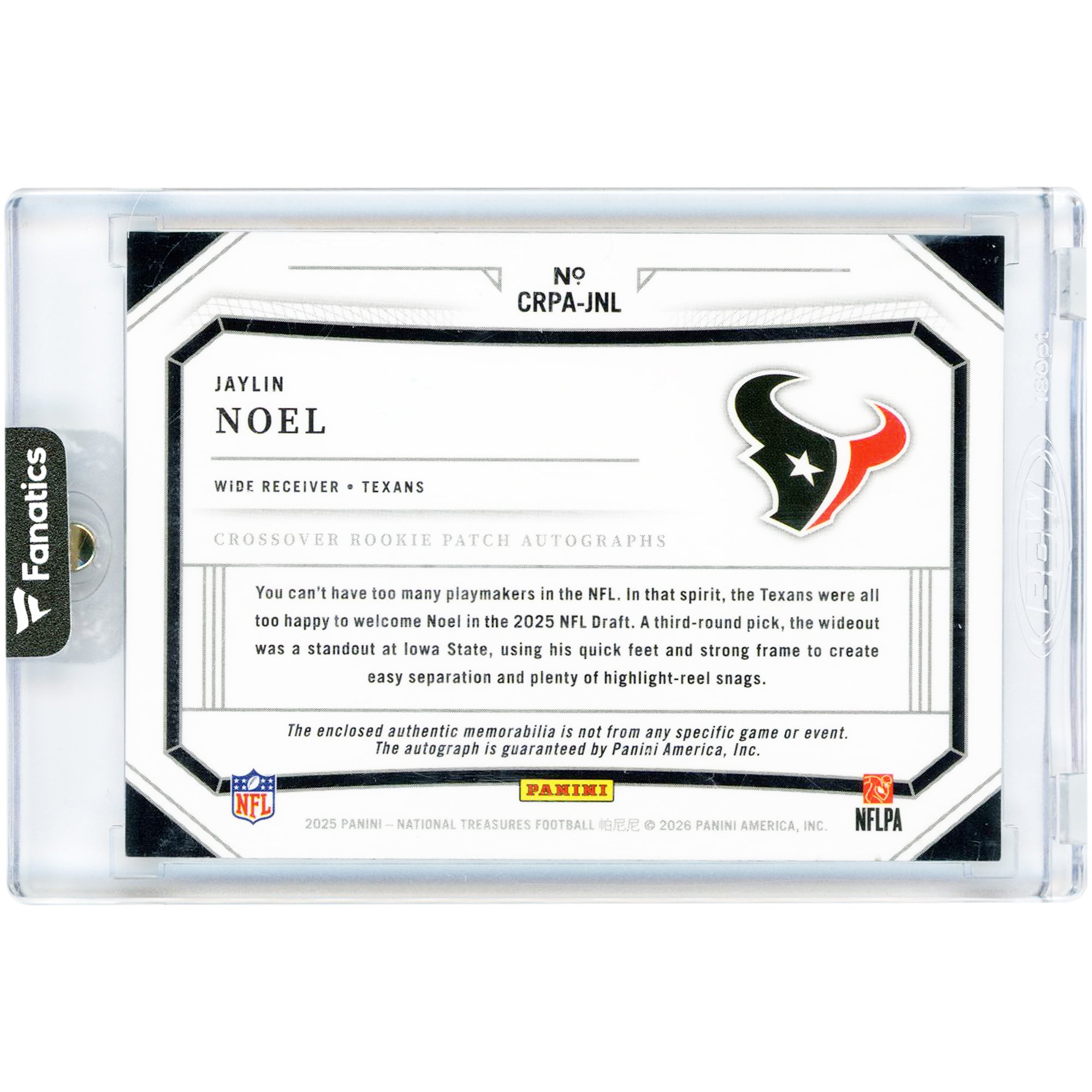Carte de recrue autographiée de Jaylin Noel (Houston Texans) 2025 Panini National Treasures Nike Swoosh Relic #CRPA-JNL #1/2